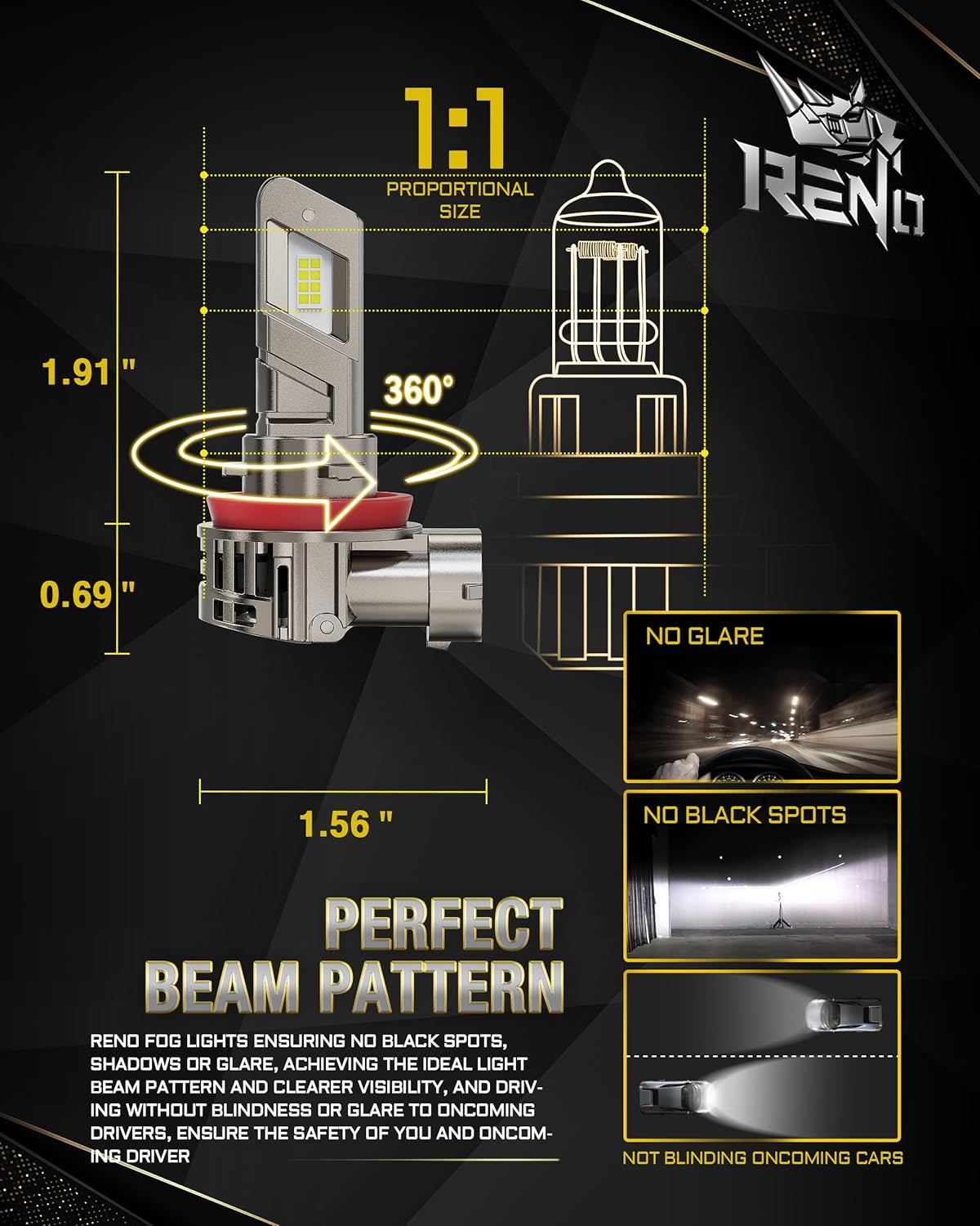 RENO H11 Bulb, H11 Fog Bulbs 1:1 Mini Size with Cool Fan H9/H8 Light Quick Install No Adapter Fog Light Bulbs Plug-N-Play, Pack of 2