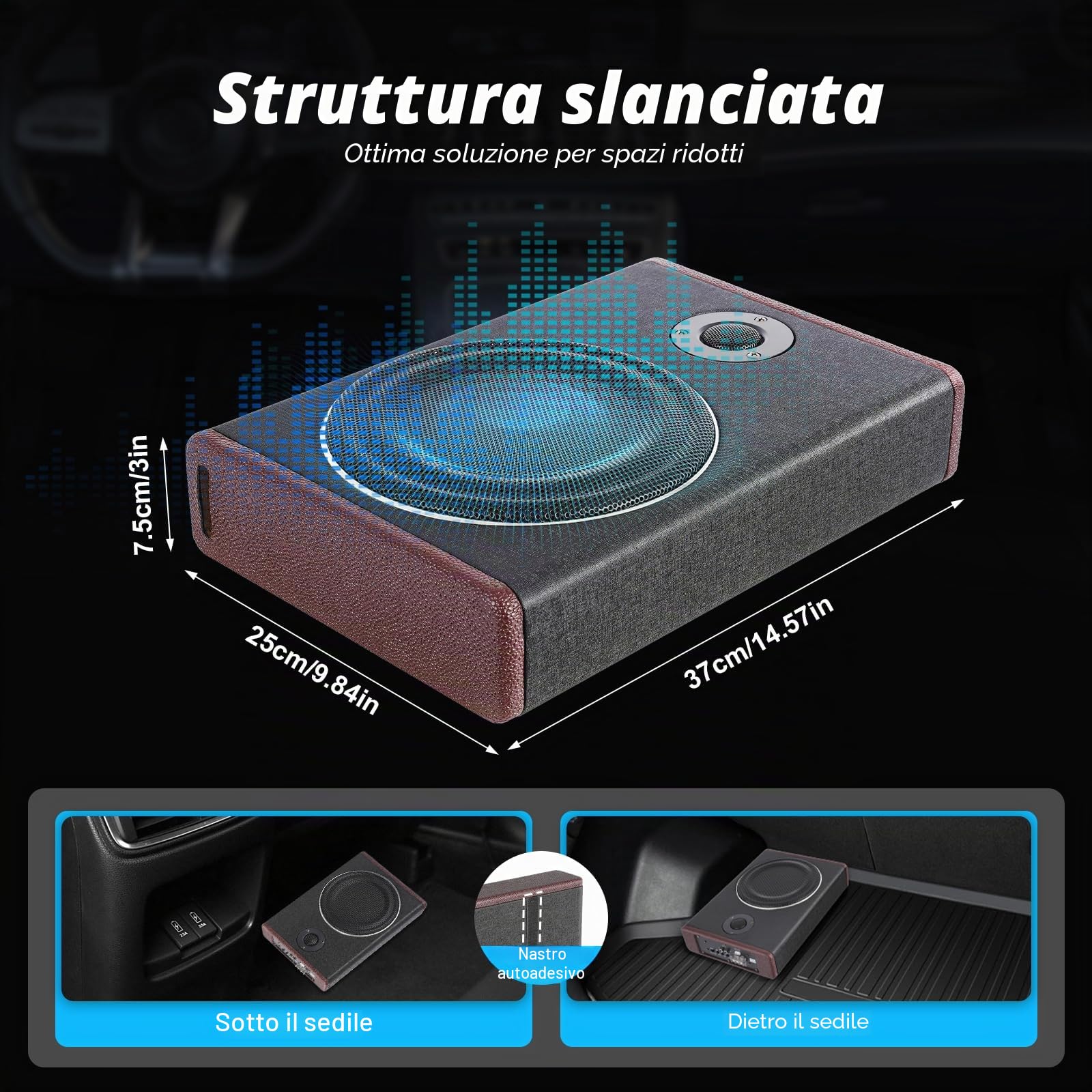 Altoparlante Compatto in Acciaio Inox Ultra Sottile per Auto, Subwoofer Attivo 12V 600W, Audio Passivo