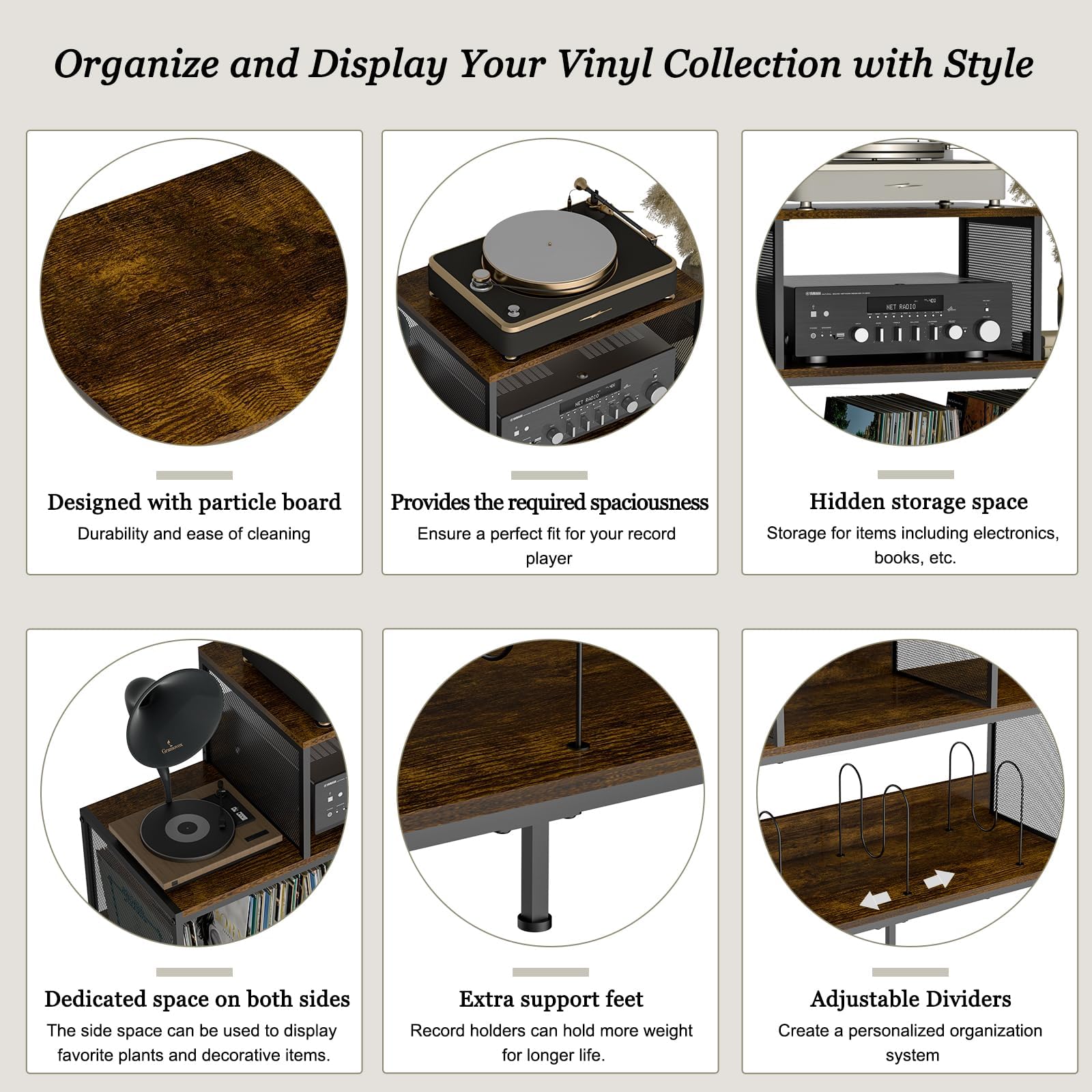 Sonyabecca Spazioso tavolino vintage per giradischi, contiene 150-250 album in vinile, divisori regolabili, aree di visualizzazione laterali, ideale per soggiorno, camera da letto, ufficio