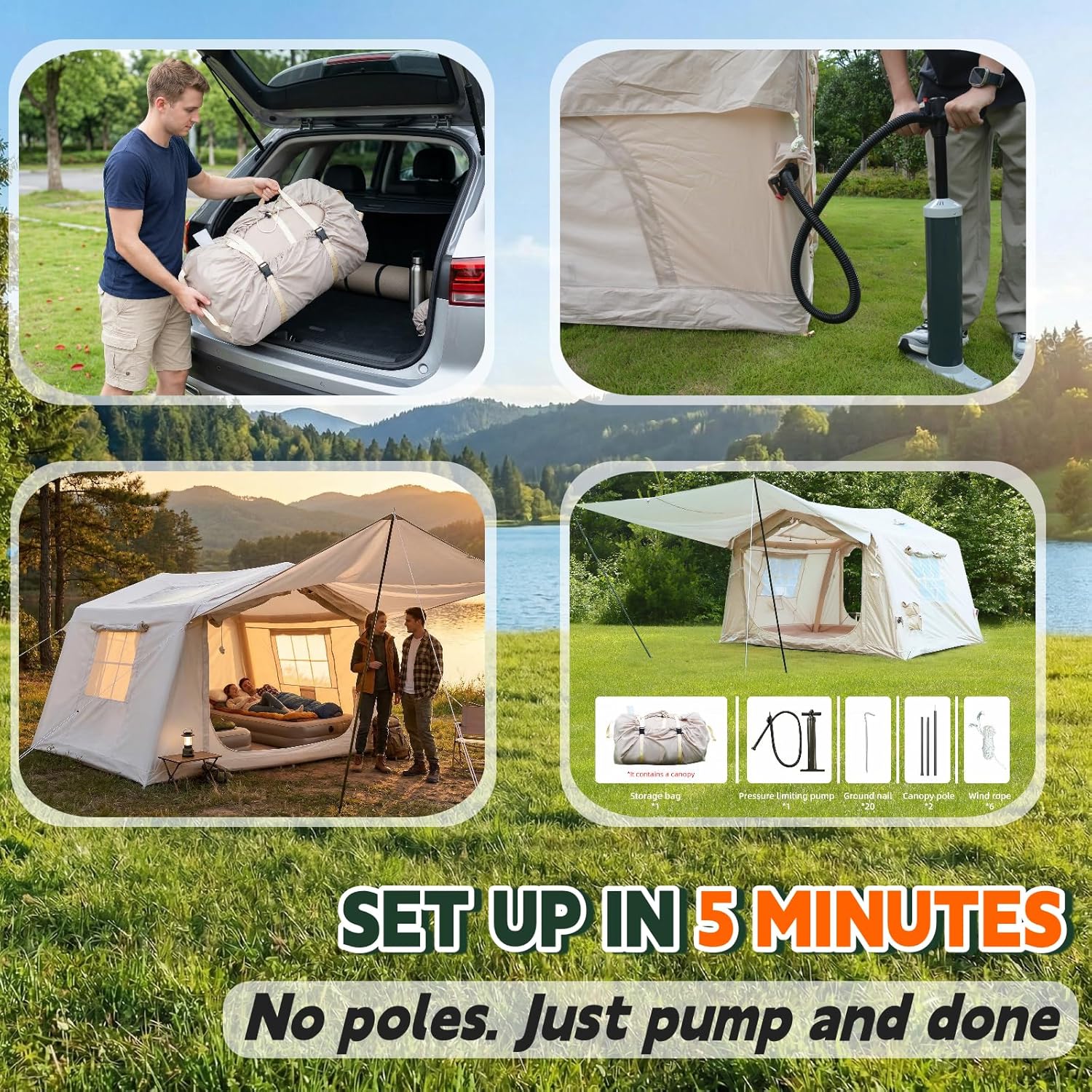 Inflatable Air Tent 8x10 FT with Pump, 4-6 Person Blow Up Camping Tent, 5 Min Setup, Reinforced Stable Structure, Waterproof 4 Season Oxford Tent with Canopy Option, Stove Jack & AC Port