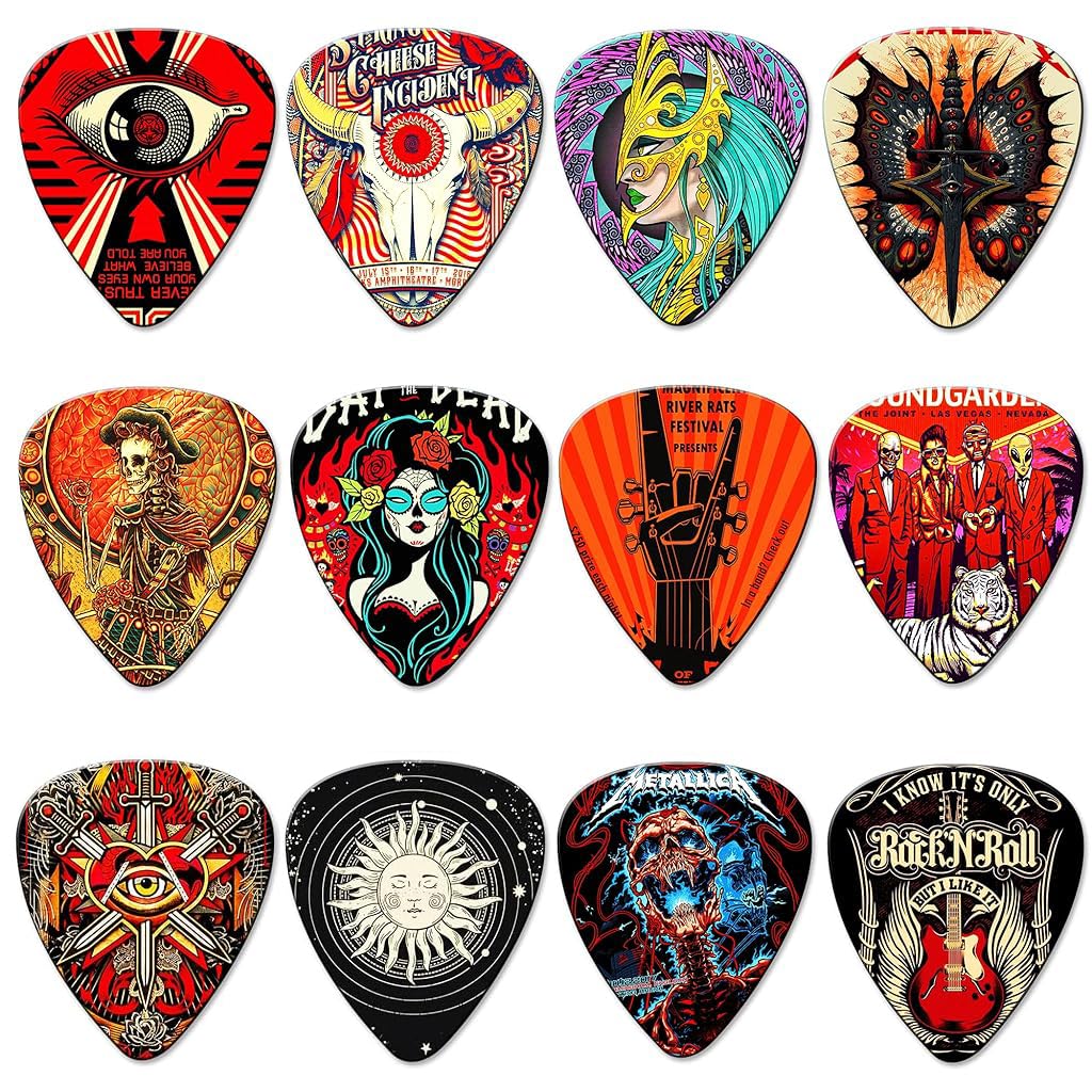 ZIBUYU® 12Pcs Guitar Picks PVC Guitar Picks with Thin, Medium & Heavy Picks Rock Aesthetic Guitar Picks 0.46mm/0.71mm/1mm Guitar Picks for Bass Electric Guitar Acoustic Guitar