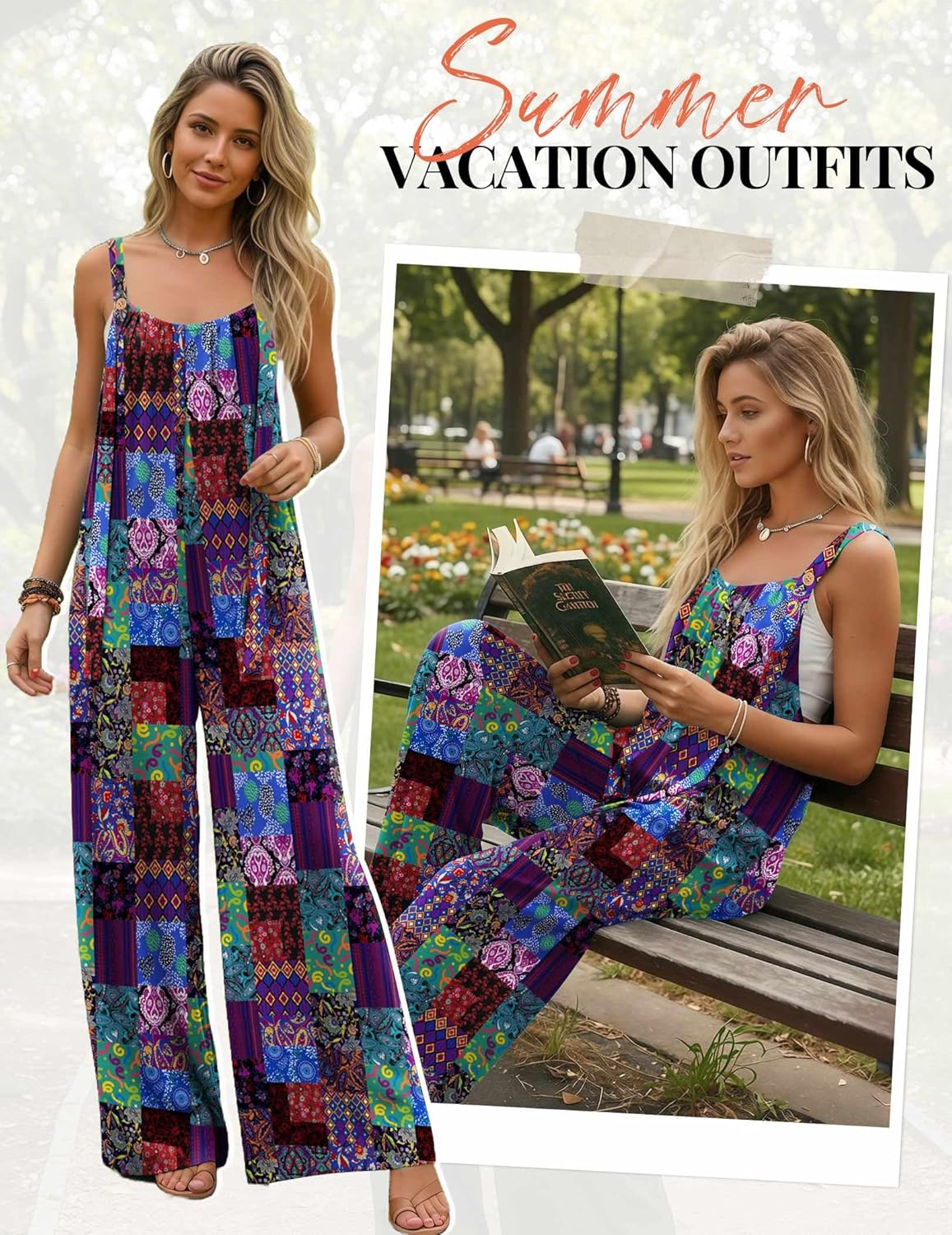 Ekouaer Women's Casual Overalls Boho Floral Loose Wide Leg Jumpsuits Summer Pleated Outfits with Pockets - Image 4