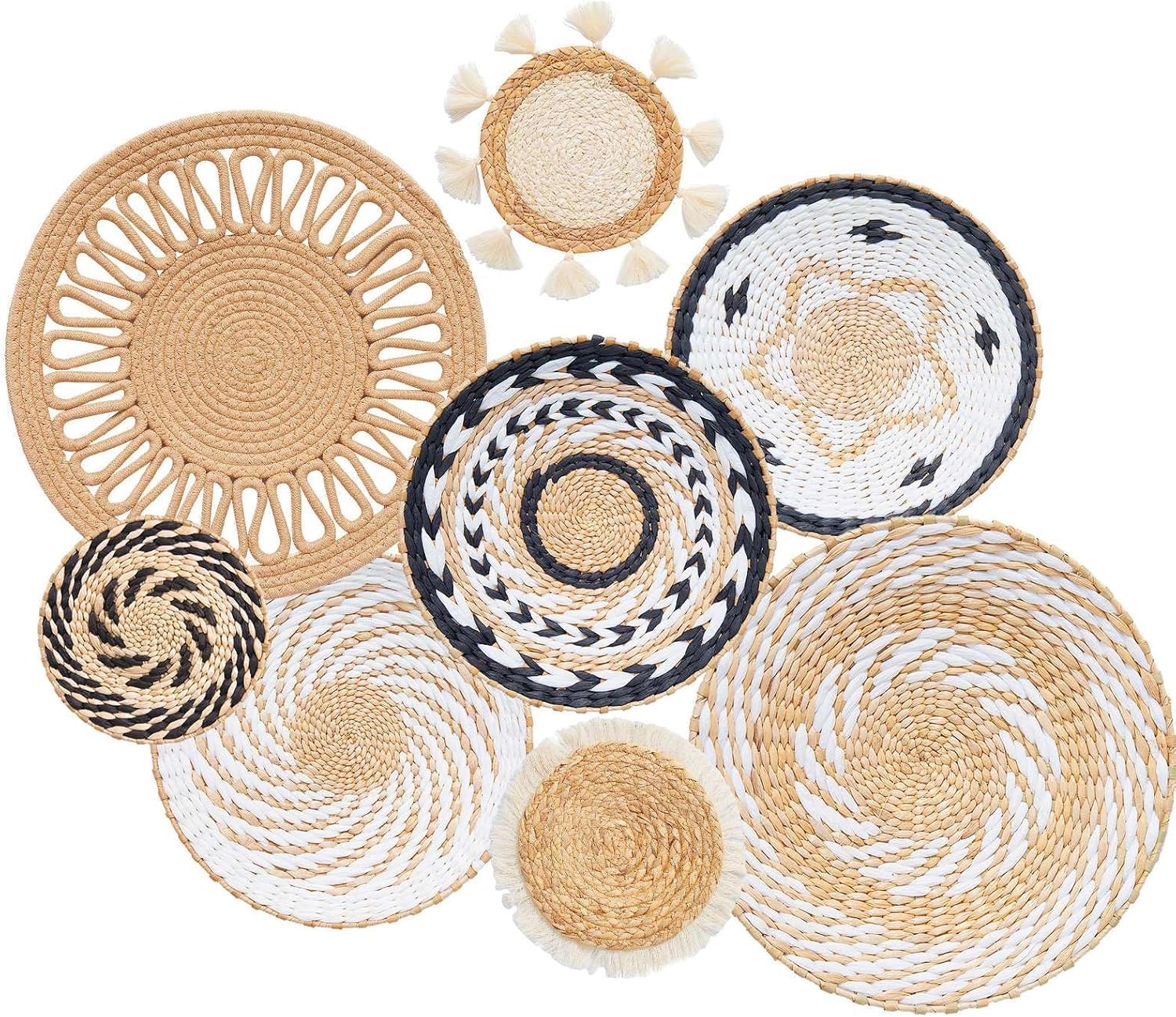 Confezione da 8 decorazioni da parete in stile boho, 35,5 cm, rotonde da appendere a mano, in rattan, per soggiorno, rustico, piatto, elegante, fattoria, camera da letto, tavolo, cucina e casa