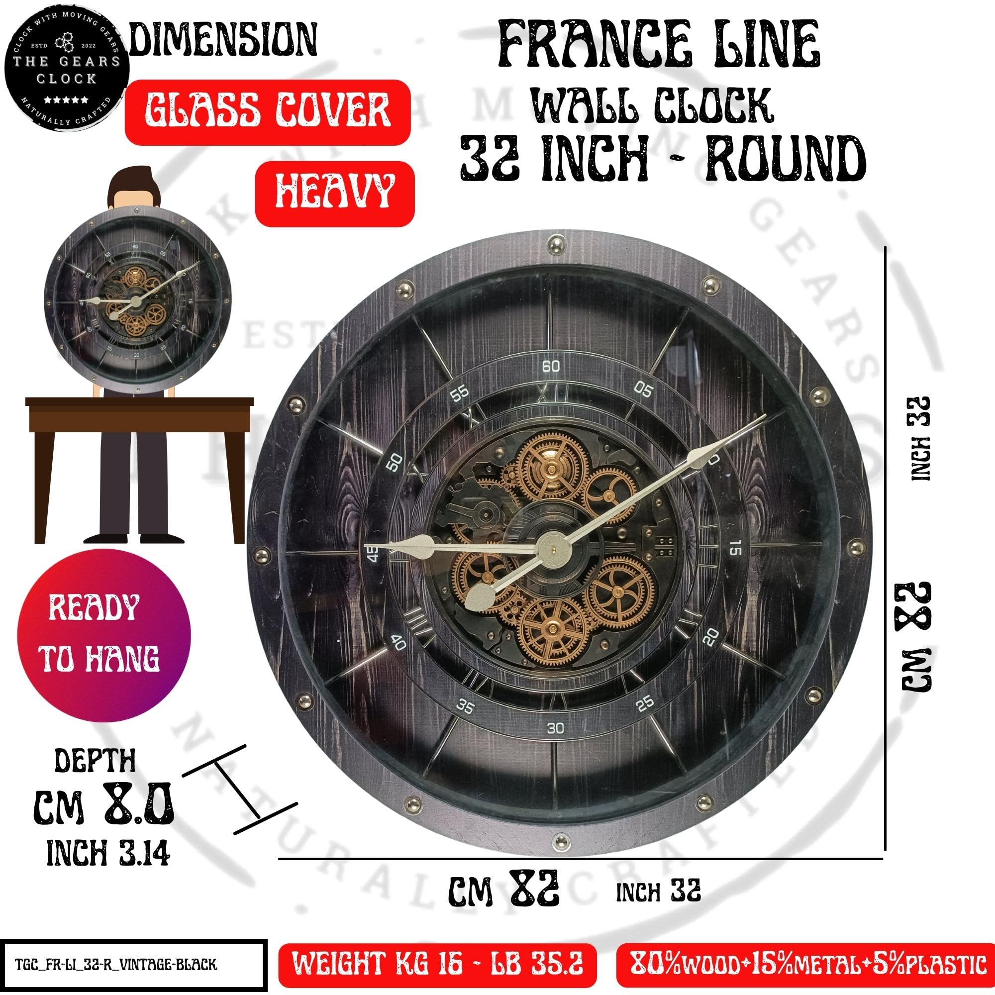 THE GEARS CLOCK Reloj de pared de 32 pulgadas con mecanismo de movimiento real, línea francesa (marrón vintage, 80 cm)
