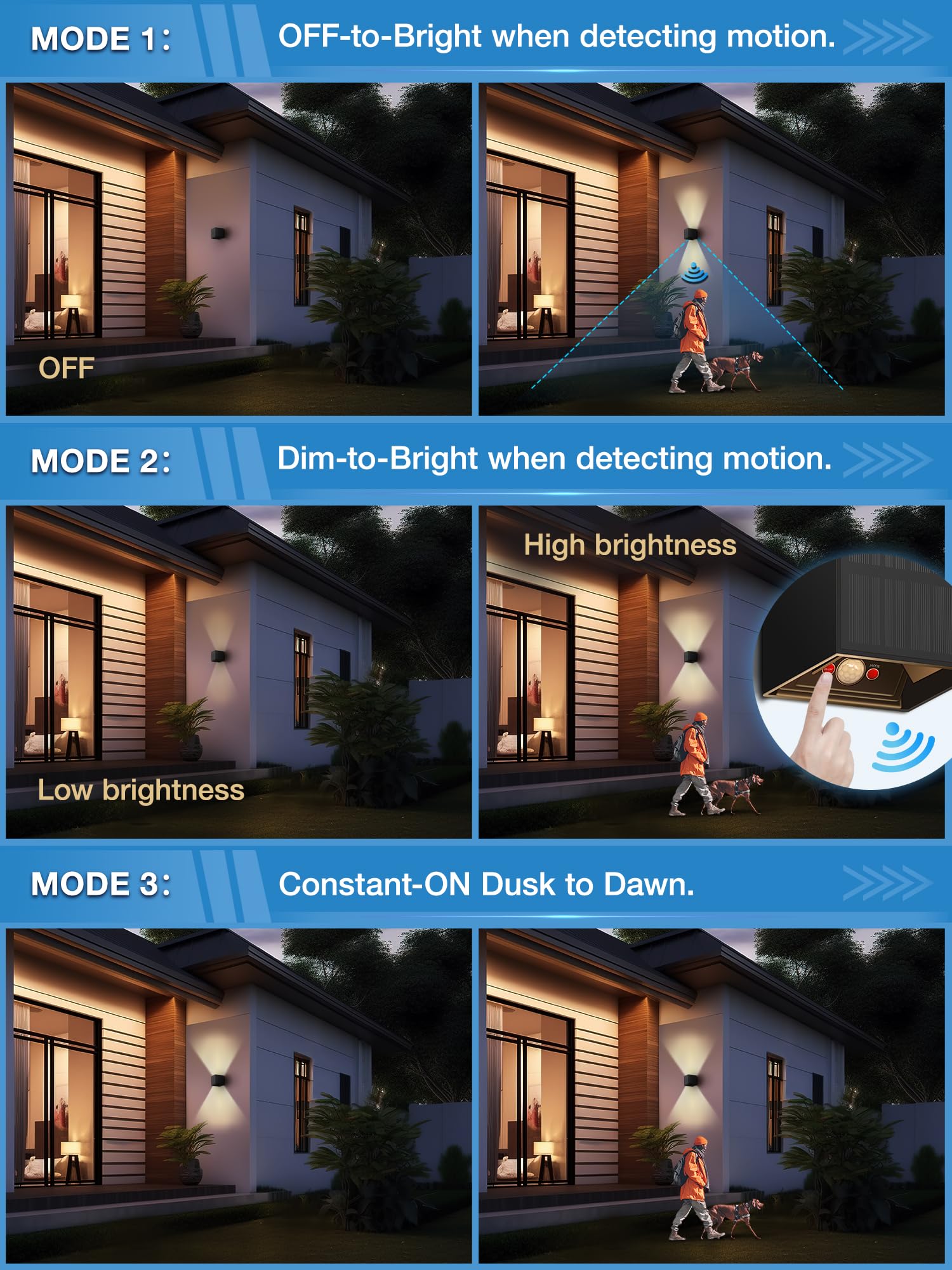 2 Piezas Aplique Solar Pared Exterior, Luz Exterior Solar LED con Sensor de Movimiento Lampara Solars Exterior IP65 Ángulo de haz Ajustable Luz 3 Modos para Jardin Porche Patio