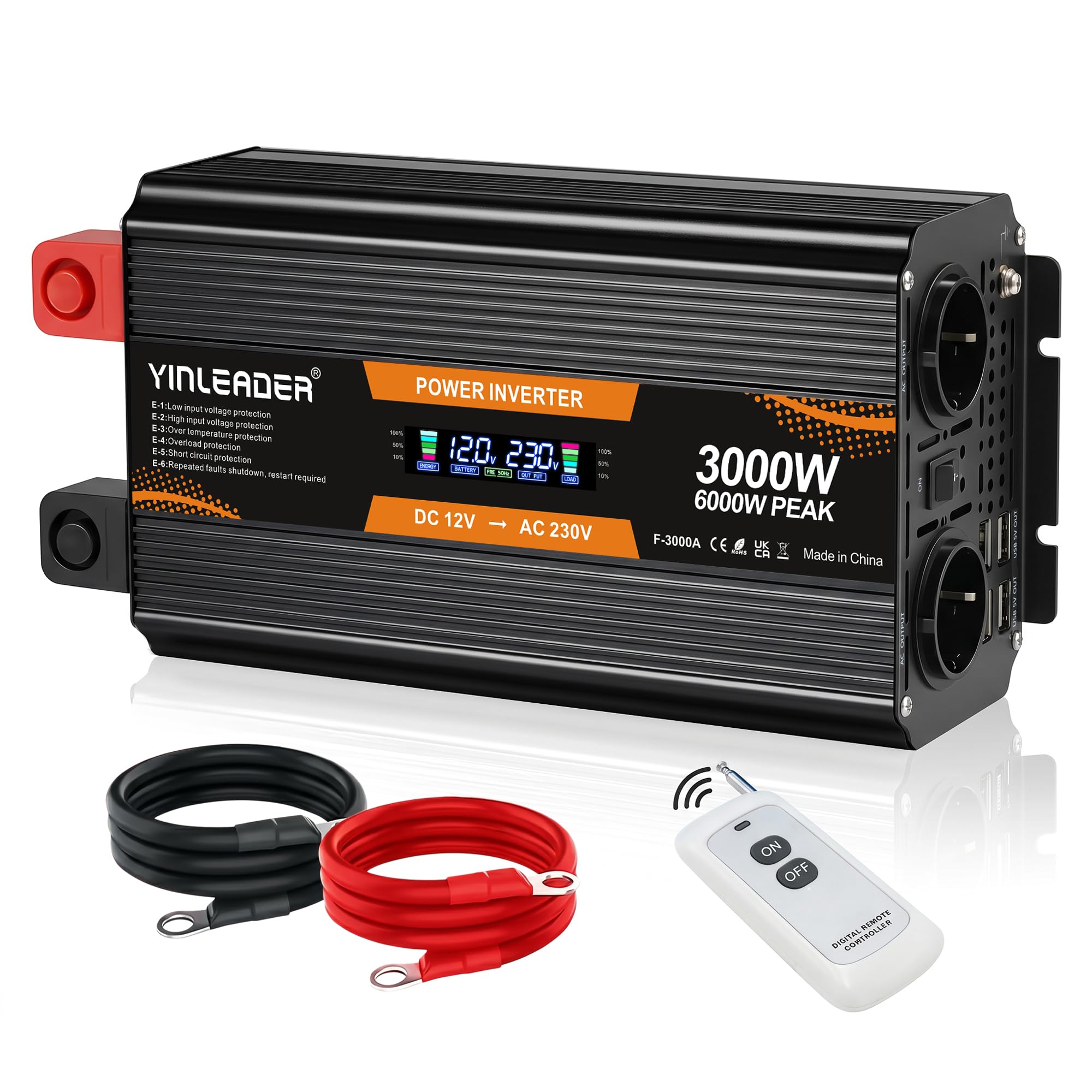 Yinleader 3000W /6000W Wechselrichter 12V auf 230V Spannungswandler mit LCD Display 2 EU Steckdosen 4 USB mit drahtloser Fernbedienung für Auto Camping Wohnmobil LKW Solaranlage