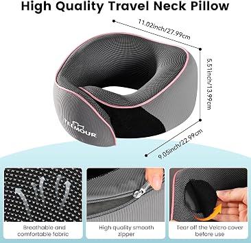 Travel Pillow for Adults,Memory Foam Airplane Pillow with 360 Neck Support, Includes Storage Bag, Eye Mask, Ear Plugs, Adjustable Travel Pillow for Long Flights,Train,Car & Business Trips(Pink Grey)