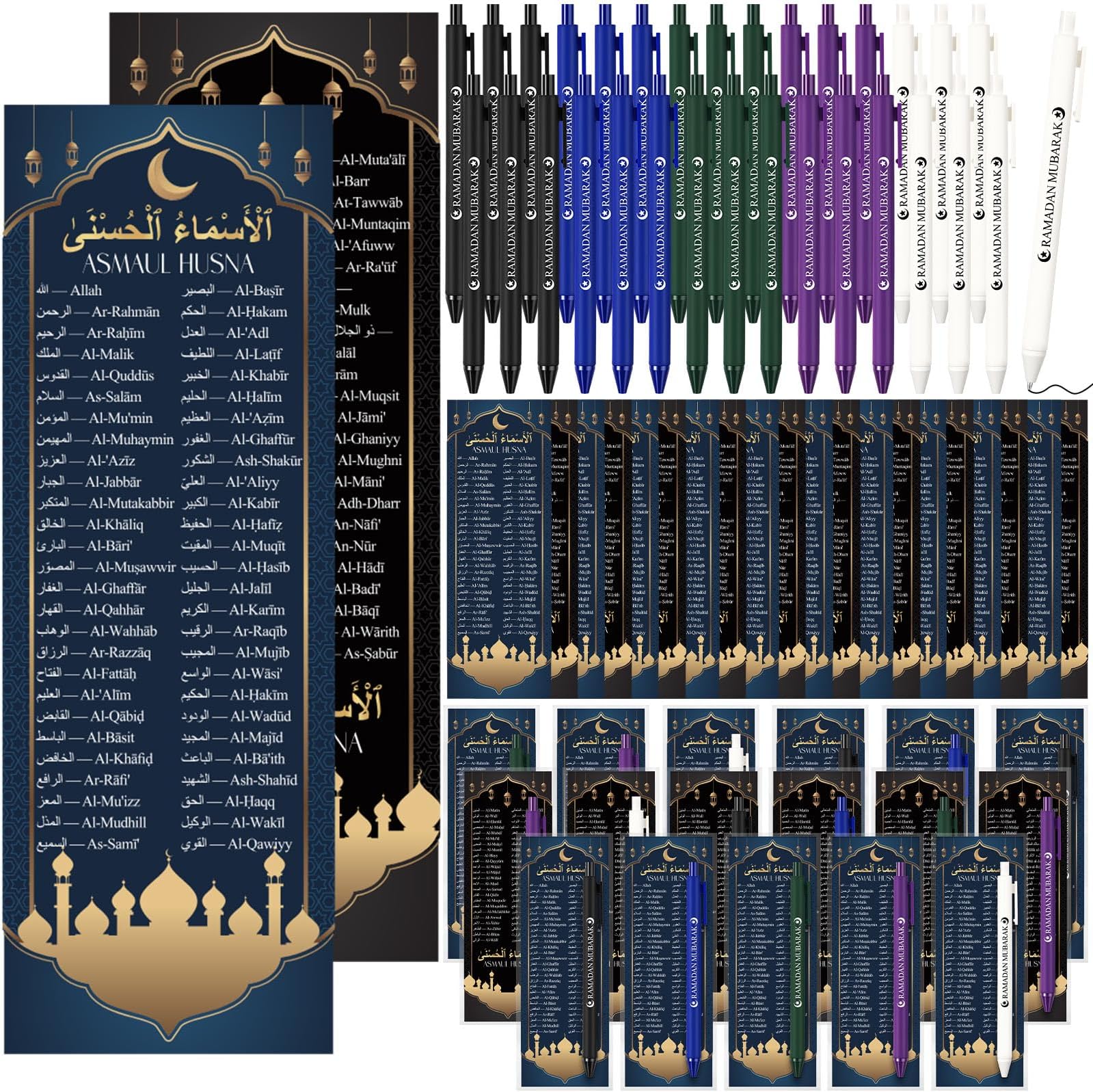 50 Sets Ramadan Gift Bulk Includes 99 Name of Allah Bookmarks Ramadan Mubarak Ballpoint Pens, Islamic Arabic Quran Gifts for Muslim Men Women, Eid Mubarak Party Favors
