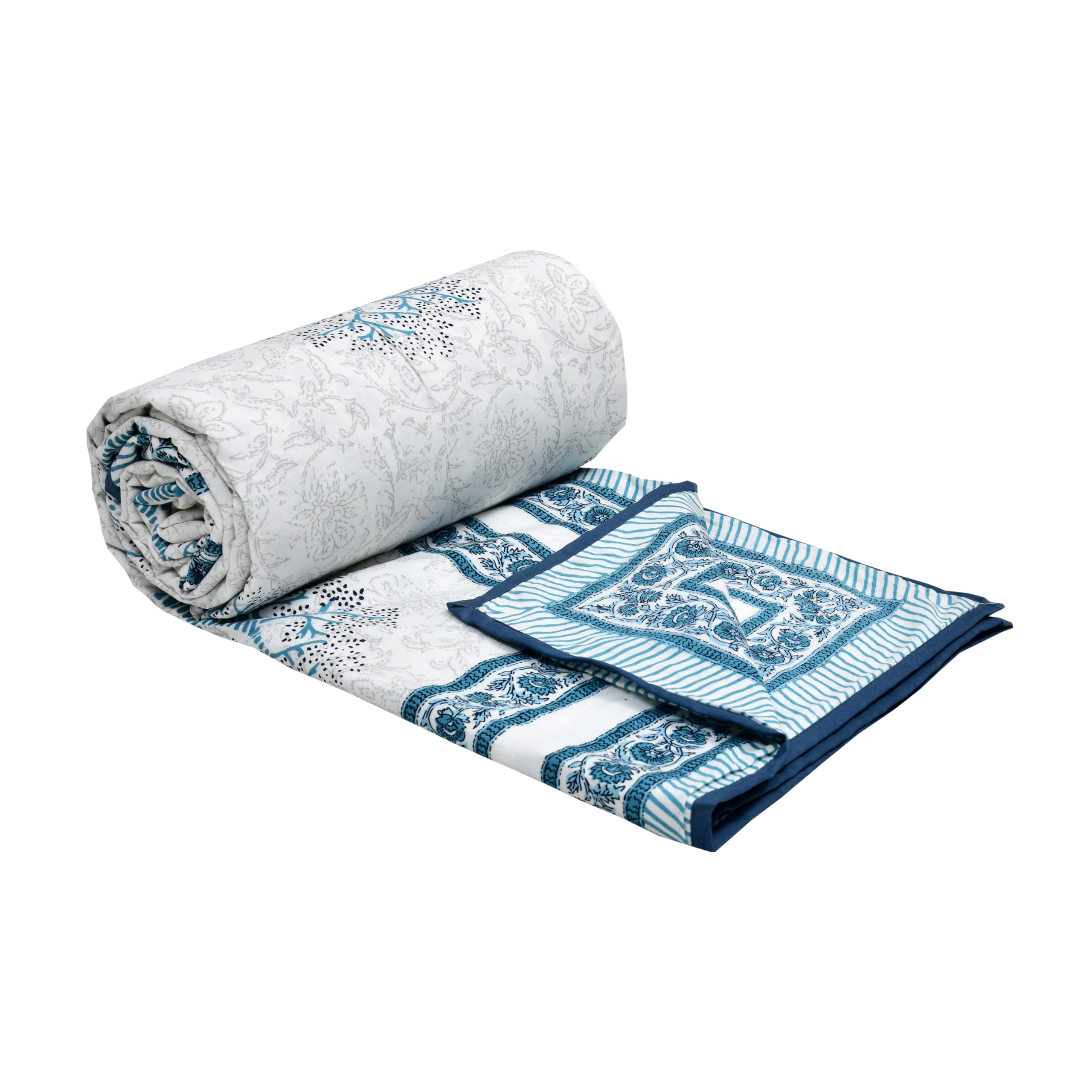 BLOCKS OF INDIA Hand Block Printed Cotton Single Size Reversible Malmal Dohar for Summer (Blue Tree)-300 TC