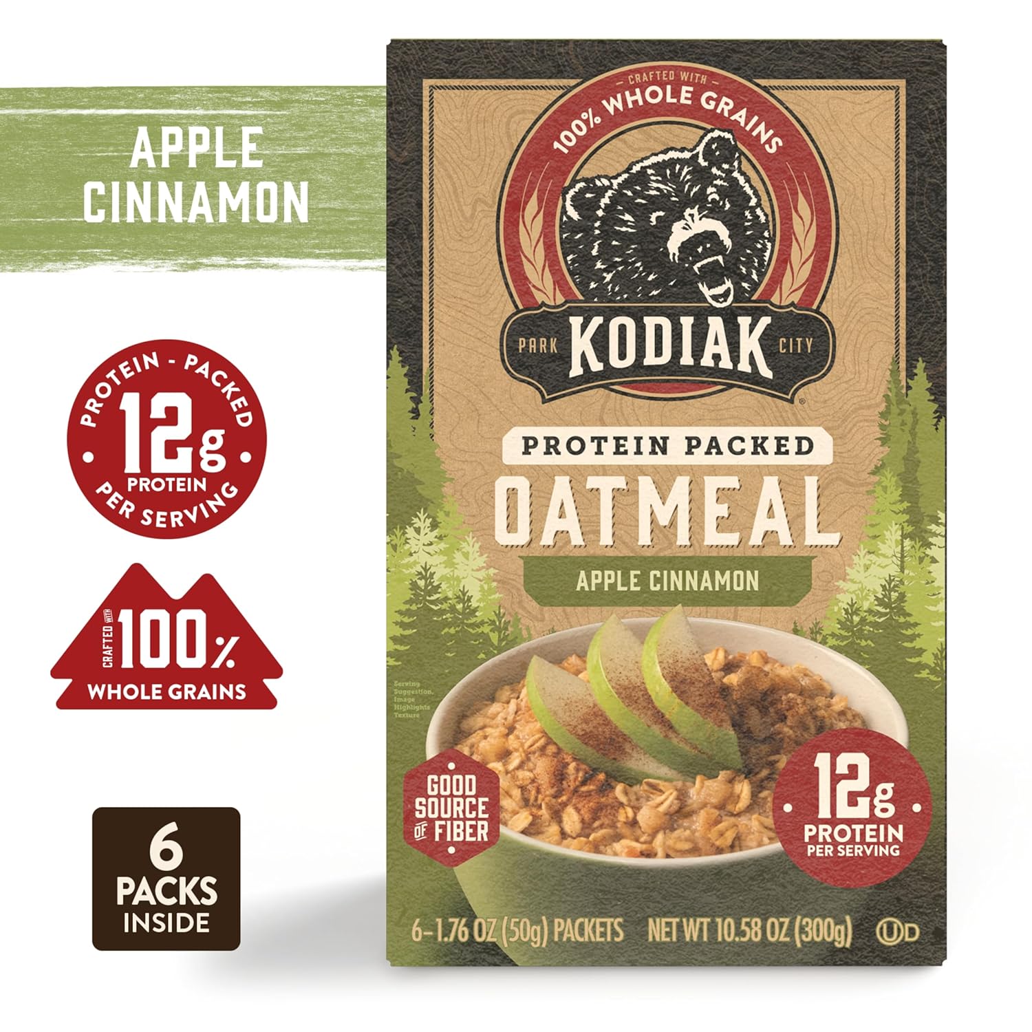 Kodiak Cakes Instant Oatmeal Packets, Apple Cinnamon, High Protein, 100% Whole Grains, 6 boxes with 6 packets each (36 packets)