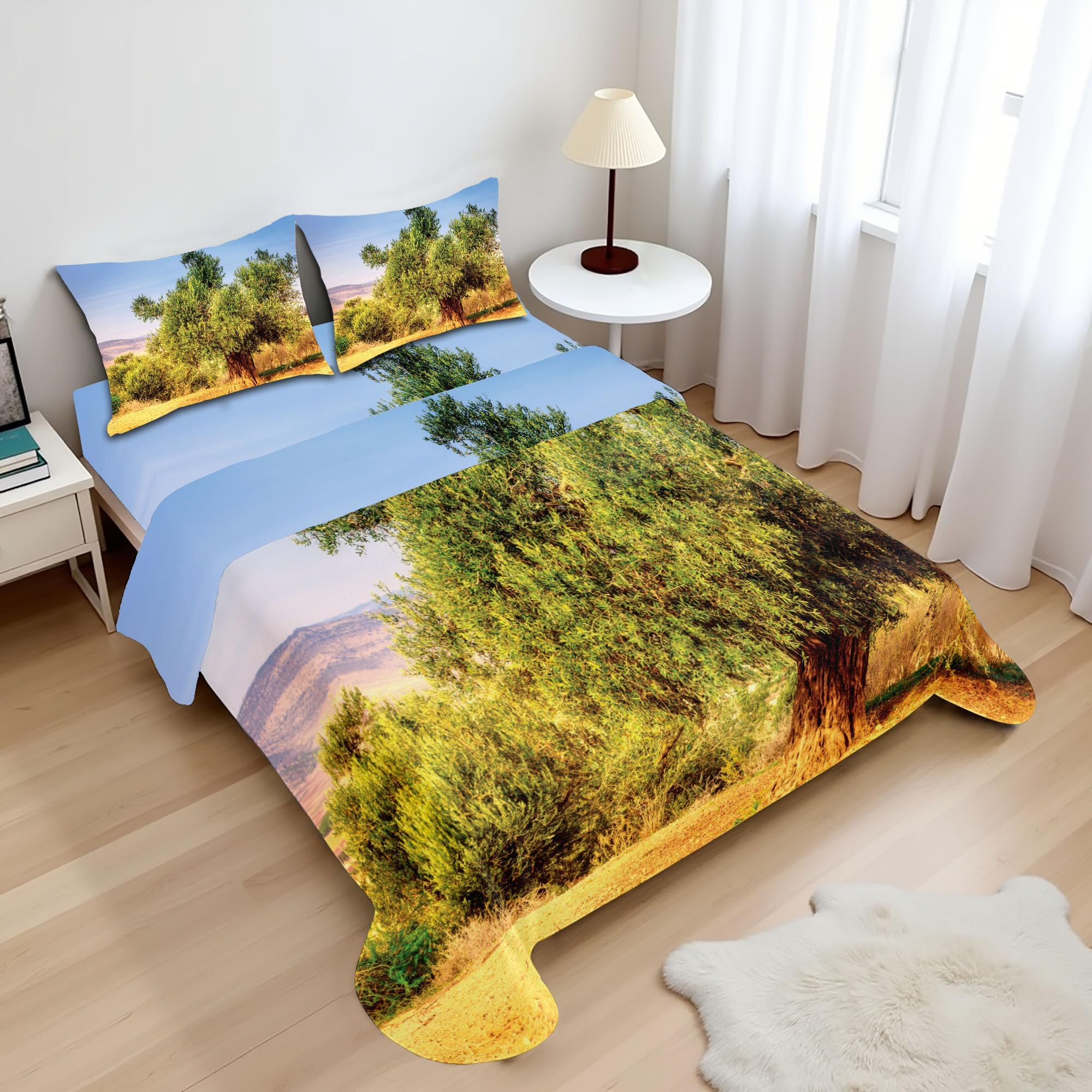 Ambesonne Nature Sheet Set, Natural Scenery Landscape of Old Green Olive Tree and Meadow Herbs Foliage, Fitted and Flat Sheet with Pillowcases Bedding Accent 4 Piece Set, Queen, Fawn Pale Sky Blue