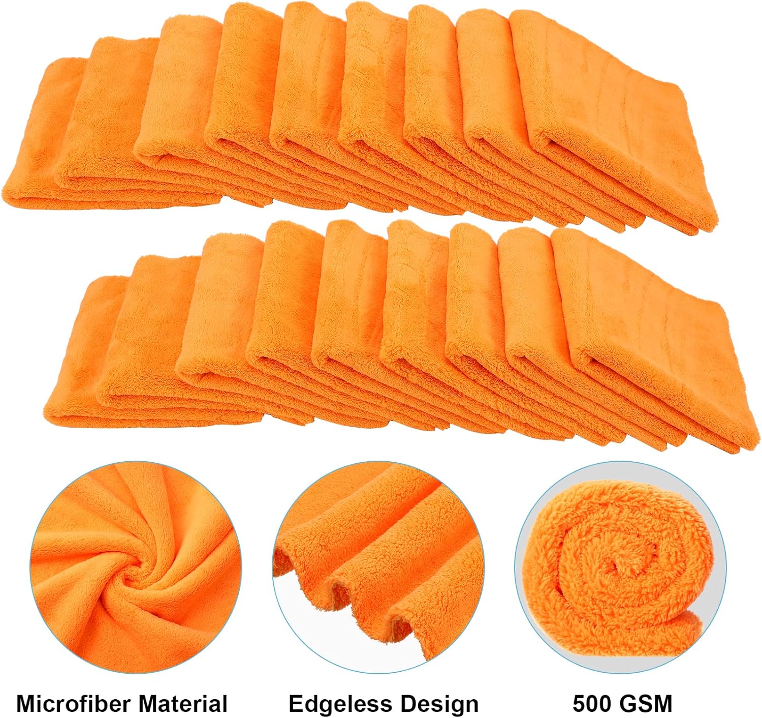 Shimeyao 30 Pcs 16 x 16 Inch Edgeless Microfiber Plush Towels for Cars Detailing Drying Wash Polishing Absorbent Cleaning Cloths, 500 GSM(Orange)