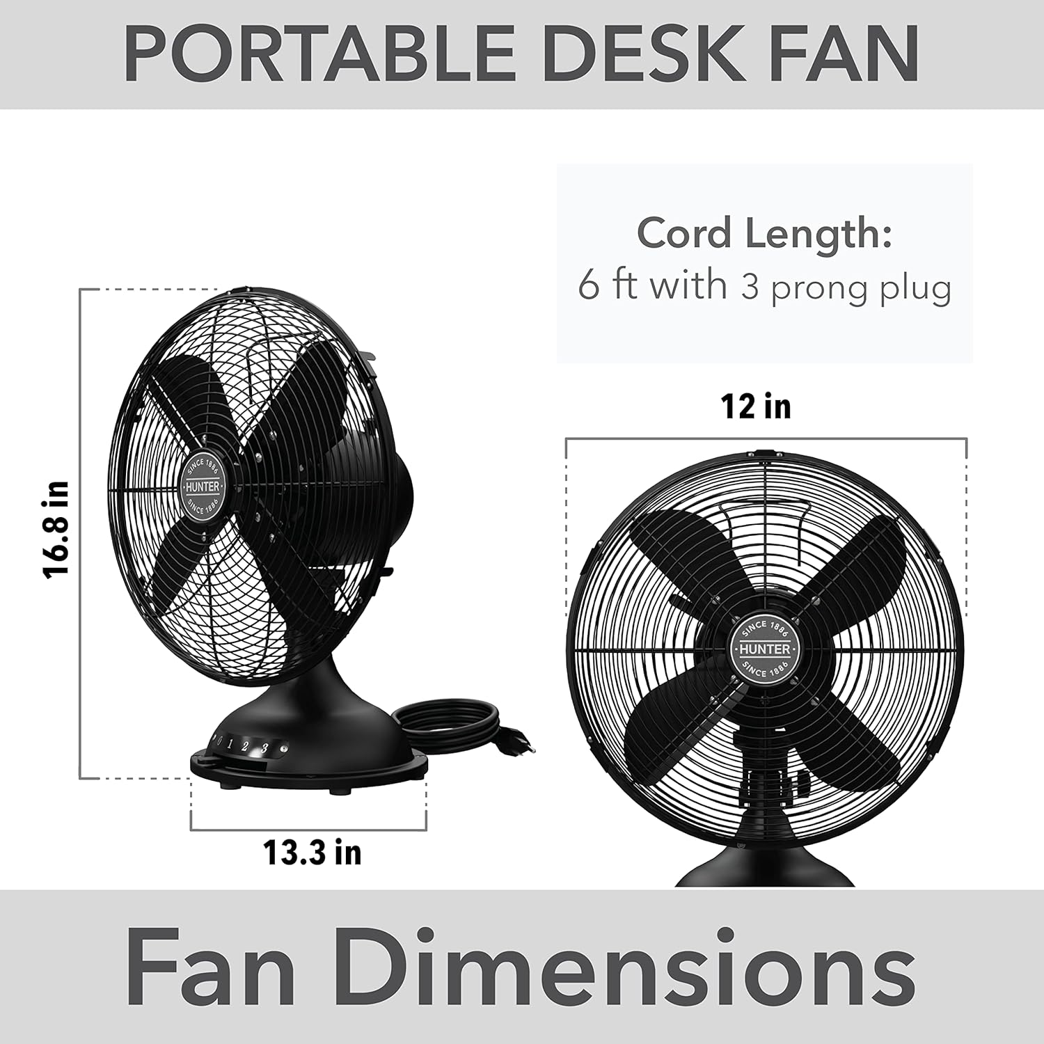 Hunter Classic D12 Portable Desk Fan 12 inch, 3 Speed, Matte Black, 97314