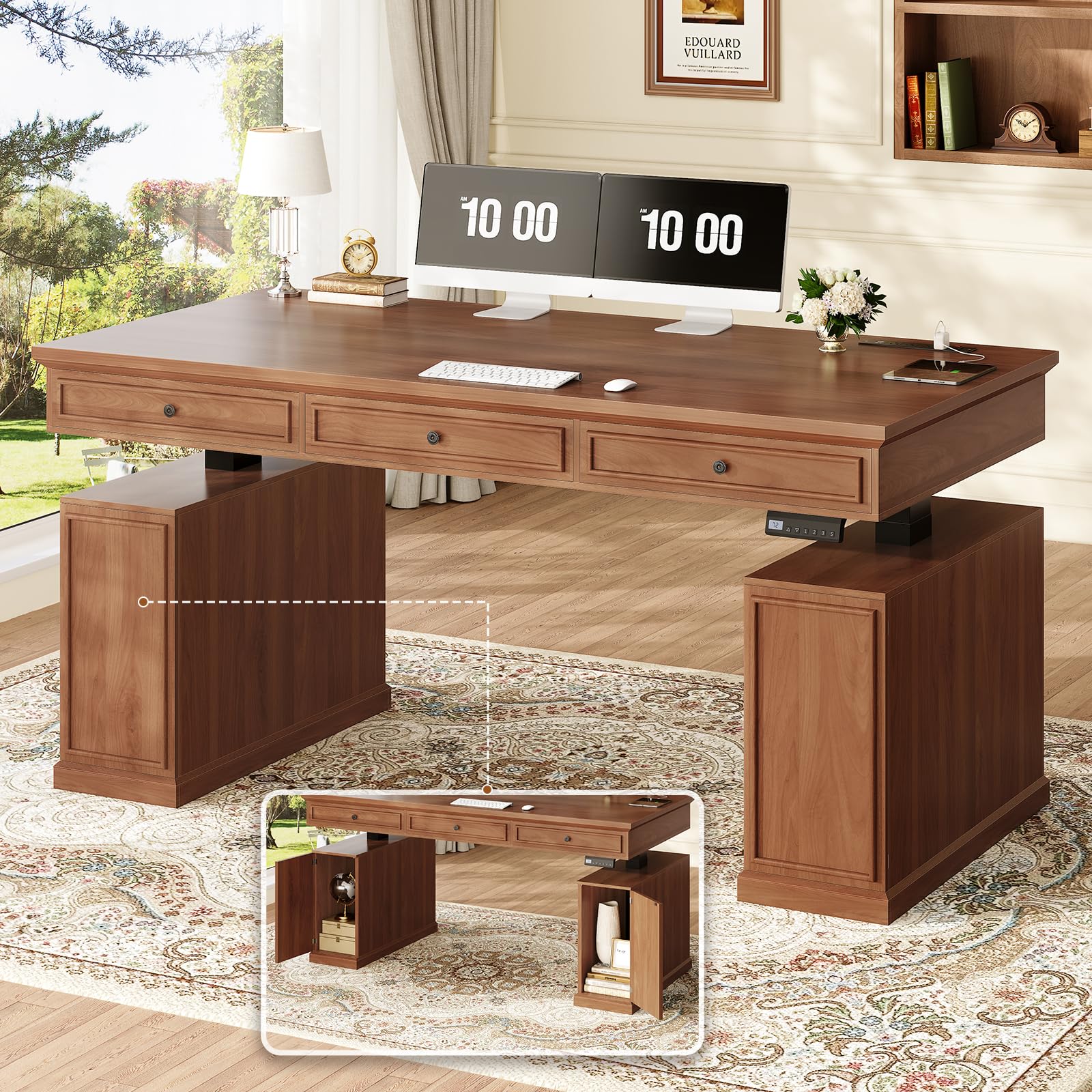 SEDETA Farmhouse Electric Standing Desk with 3 Drawers 55 1 Height Adjustable Executive Office Desk with Storage Cabinet