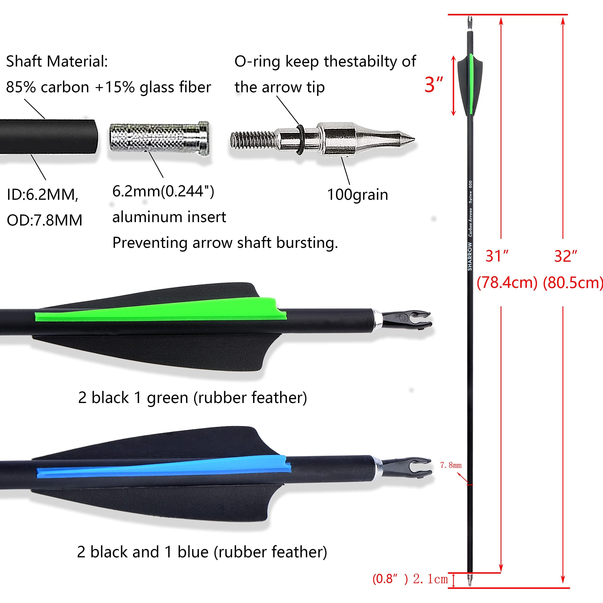12 Piezas Flechas de Fibra de Carbono 30 Pulgadas Caza Objetivo de Práctica Fiechas Spine 500 para Arco Recurvo Arco Compuesto Arco Largo