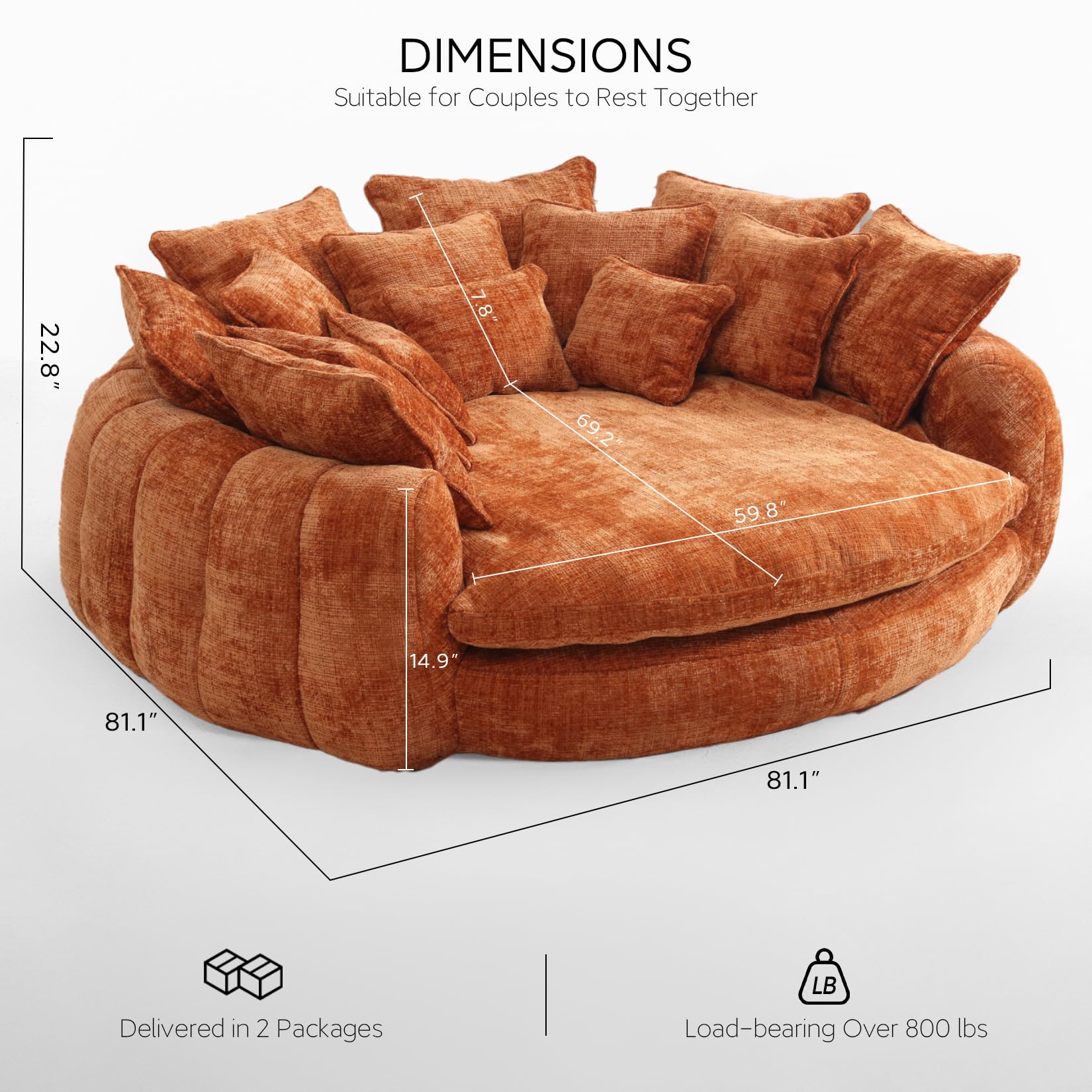81'' Large Bean Bag Chair for Adults, Memory Foam Oversized Beanbag Chairs Couch with 14 Pillow, Comfy Giant Bean Bag Sofa Couch Bed, Chaise Lounge Chair Indoor Lazy Sofa for Living Room (Orange)