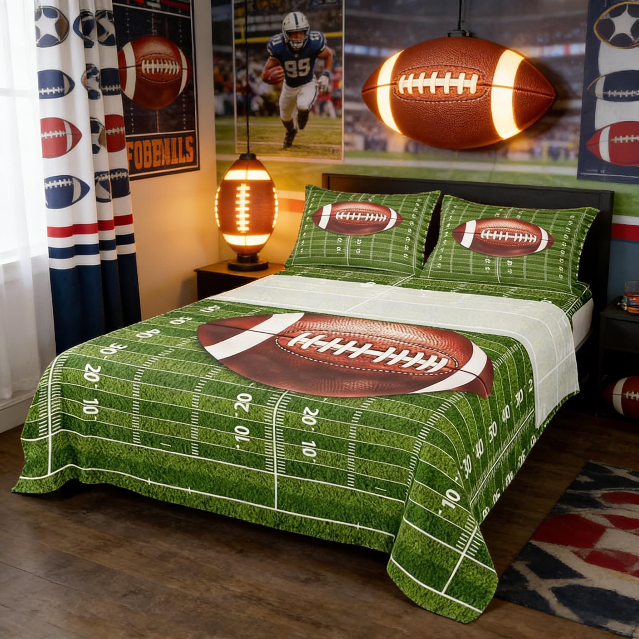 American Football Sheet Queen Football Field Abstract Bedding Set for Kids Teens Adults Soccer Sport Game Green Brown