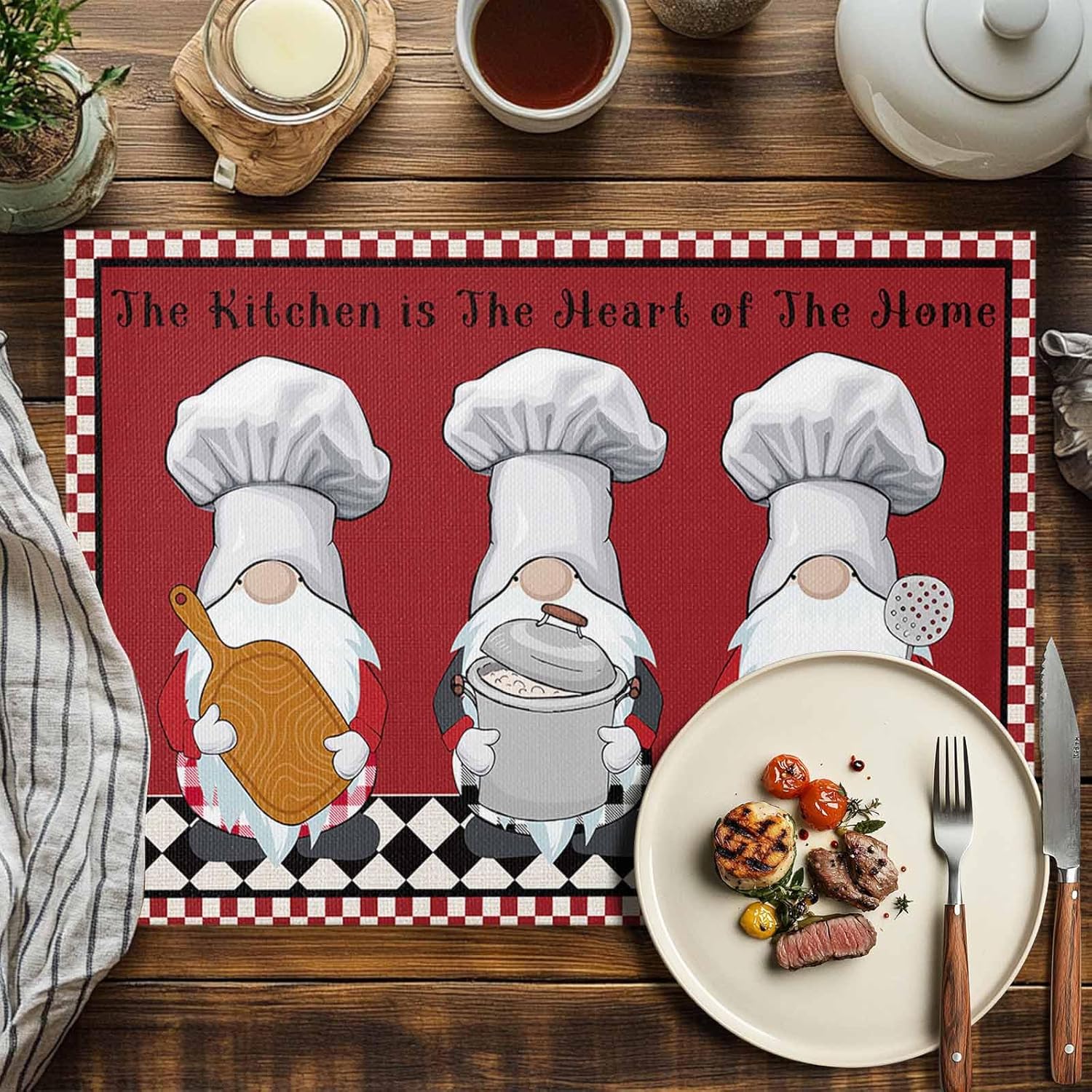Placemats Set of 6 Kitchen Gnome Cute Chef Gourmet Pot Place Mat Washable Kitchen Dining Table Mats Red Black Plaid Placemat for Indoor Family Dinner Outdoor Wedding Holiday Party Decor
