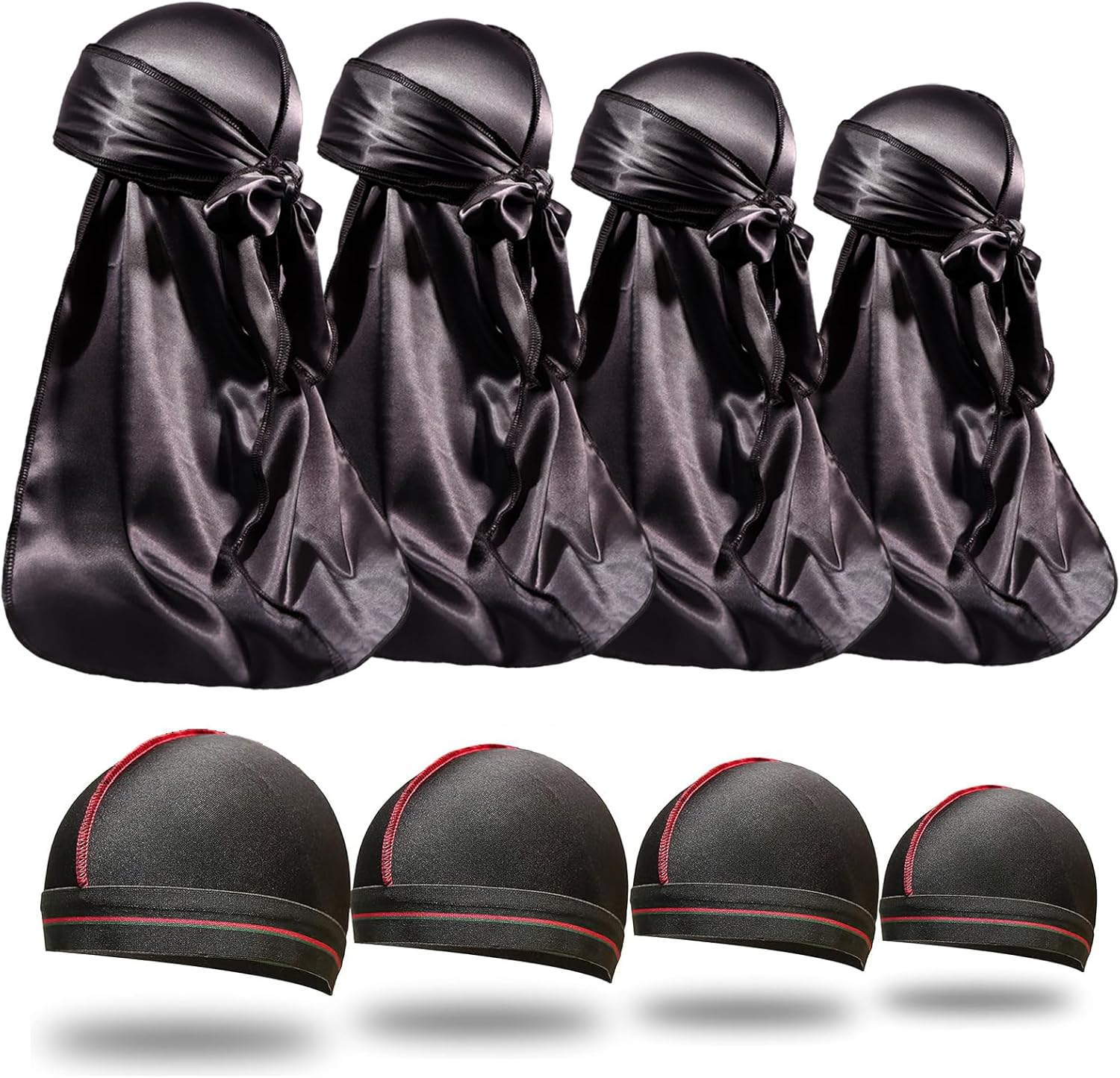 ForceWave 8PCS Silky Durag Men Wave Cap Long Tail Do rag for 360 Wave Dew Rag Packs