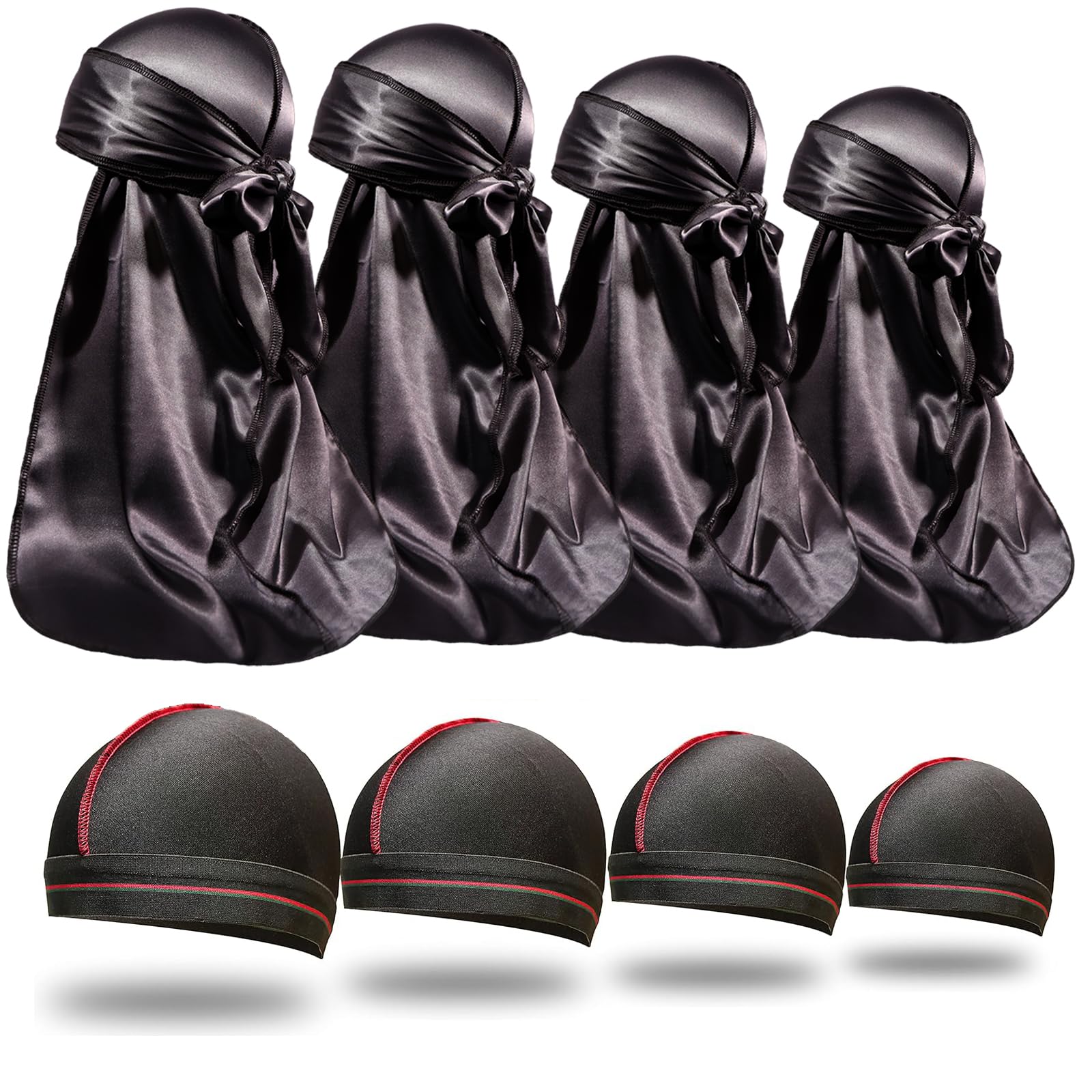 ForceWave 8PCS Silky Durag Men Wave Cap Long Tail Do rag for 360 Wave Dew Rag Packs