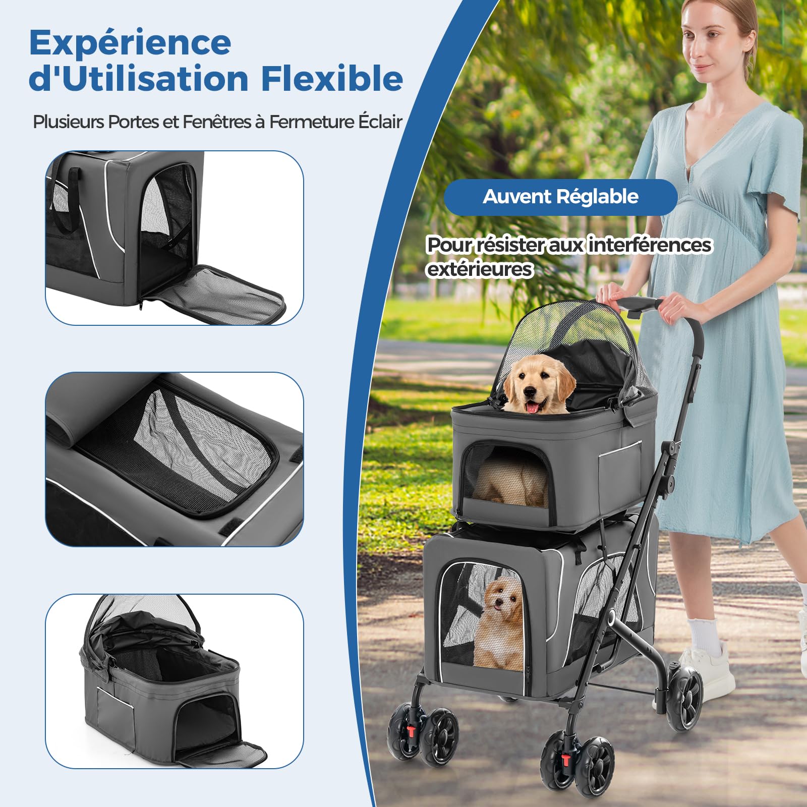 GYMAX Poussette Chien Chat 2 Couches Détachable, Transporteur et Siège Auto 3-en-1 pour Animaux de Companie, Auvent Réglable, Coussin Amovible, Poche de Rangement, Cadre en Métal Pliable (Gris)