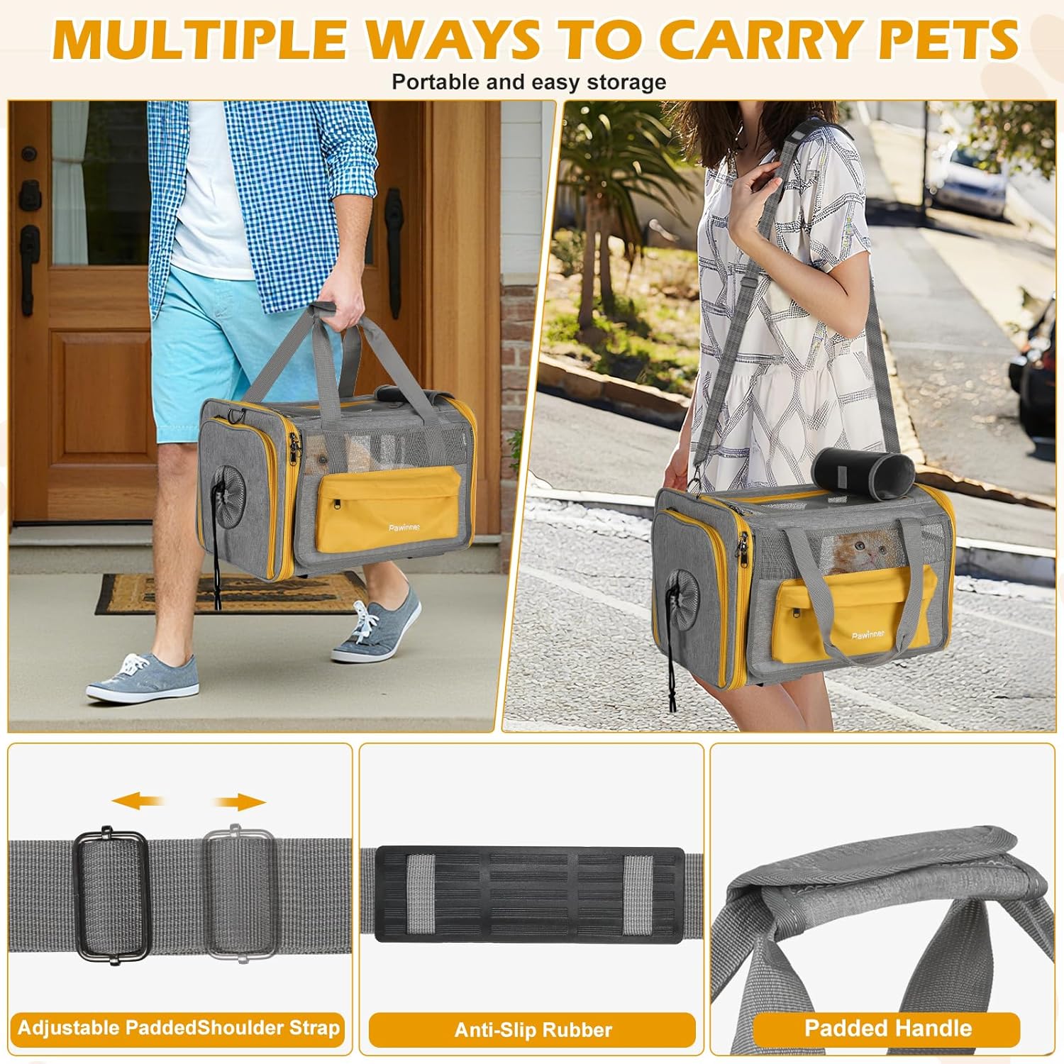 Pawinner Cat Carriers, 17.7"x13"x13" Collapsible Pets Travel Carriers Dog Carrier Pet Carrier(Up to 20lbs), Waterproof Airline Approved Soft Sided, Car Travel Portable Bag for Big Cats/Small Dogs