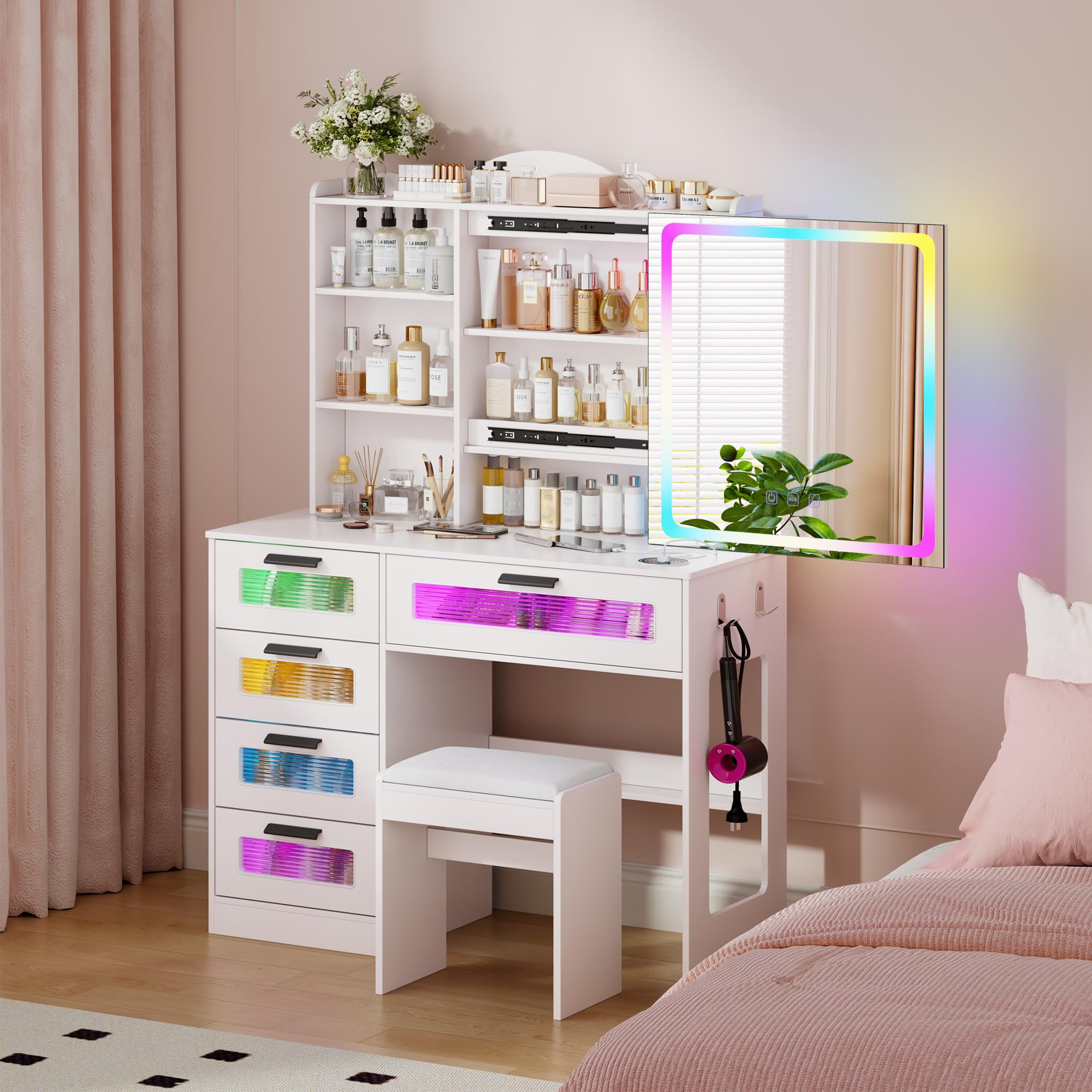 MDGC Vanity Desk with Sliding Vanity Mirror and RGB Lights,Makeup Vanity Desk with Charging Station,LED Vanity Table with Hidden Storage,Dressing Table Set with Stool&5 Drawers for Bedroom,White