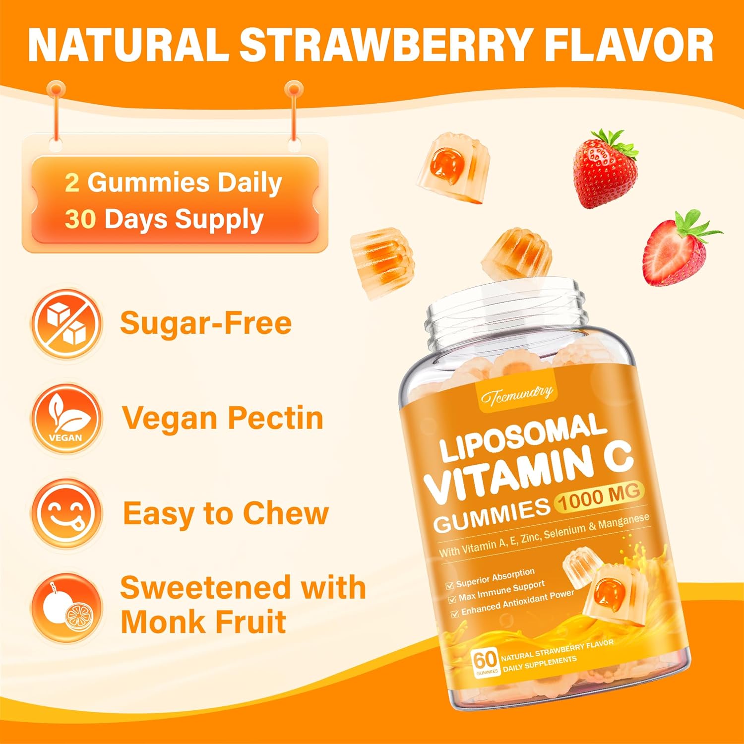 Liposomal Vitamin C Gummies 1000mg for Adults: Vitamin C Chewable Gummy with Zinc, Elderberry, Vitamins A & E - Image 8