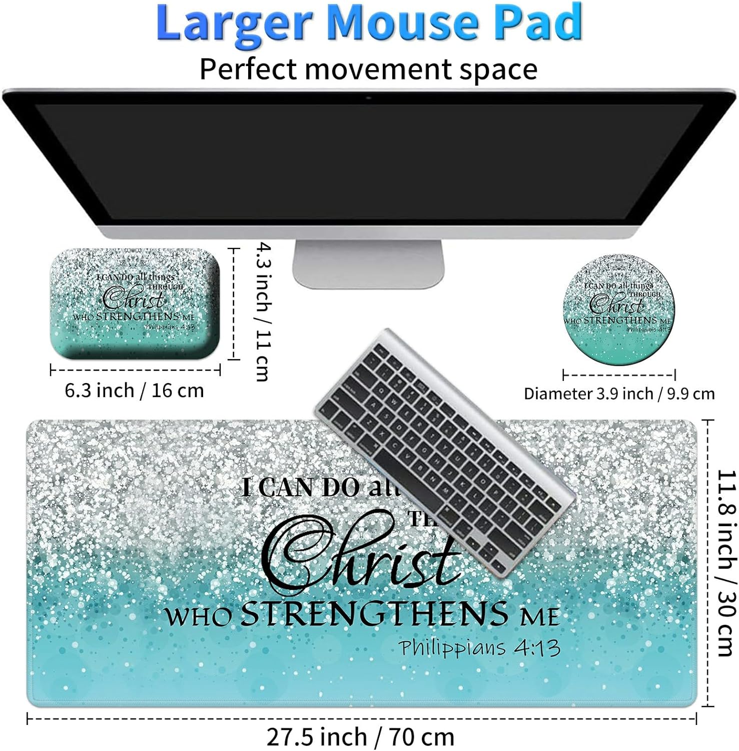 Laptop Mouse Pad 27.5 x 11.8 inch & Small Wrist Rests with Coasters and Blue Flash Bible Printed Design Ergonomic Mouse Pad with Wrist Rest Memory Foam for Easy Typing Pain Relief