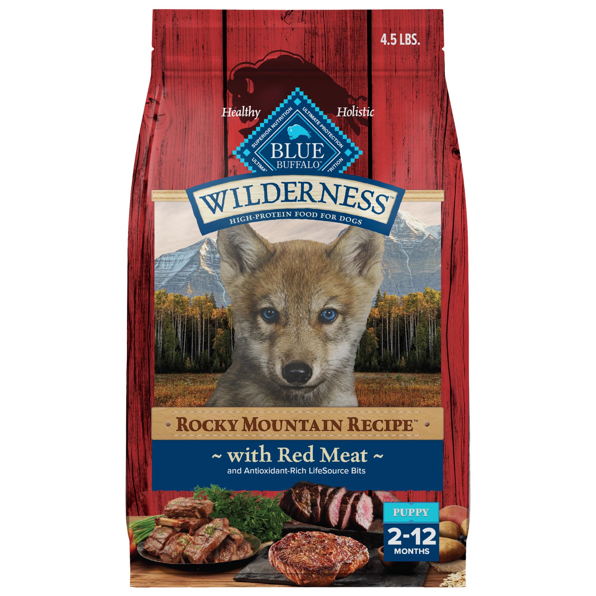 Wilderness Rocky Mountain Recipe High-Protein Dry Puppy Food with DHA, Made in the USA with Natural Ingredients Plus Wholesome Grains, Red Meat, 4.5-lb. Bag