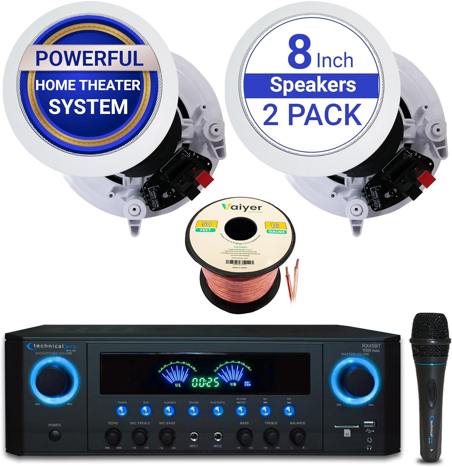 Home Audio System Kit - 1000 W Bluetooth Amplifier w/ 2 Qty of 8" Framed Ceiling Speakers 300 W Each, Wired Mic, 50 ft Speaker Wire & Remote Perfect for Home, Office, Restaurant Use by Vaiyer
