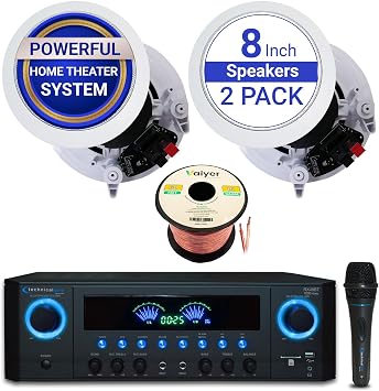 Home Audio System Kit - 1000 W Bluetooth Amplifier w/ 2 Qty of 8" Framed Ceiling Speakers 300 W Each, Wired Mic, 50 ft Speaker Wire & Remote Perfect for Home, Office, Restaurant Use by Vaiyer