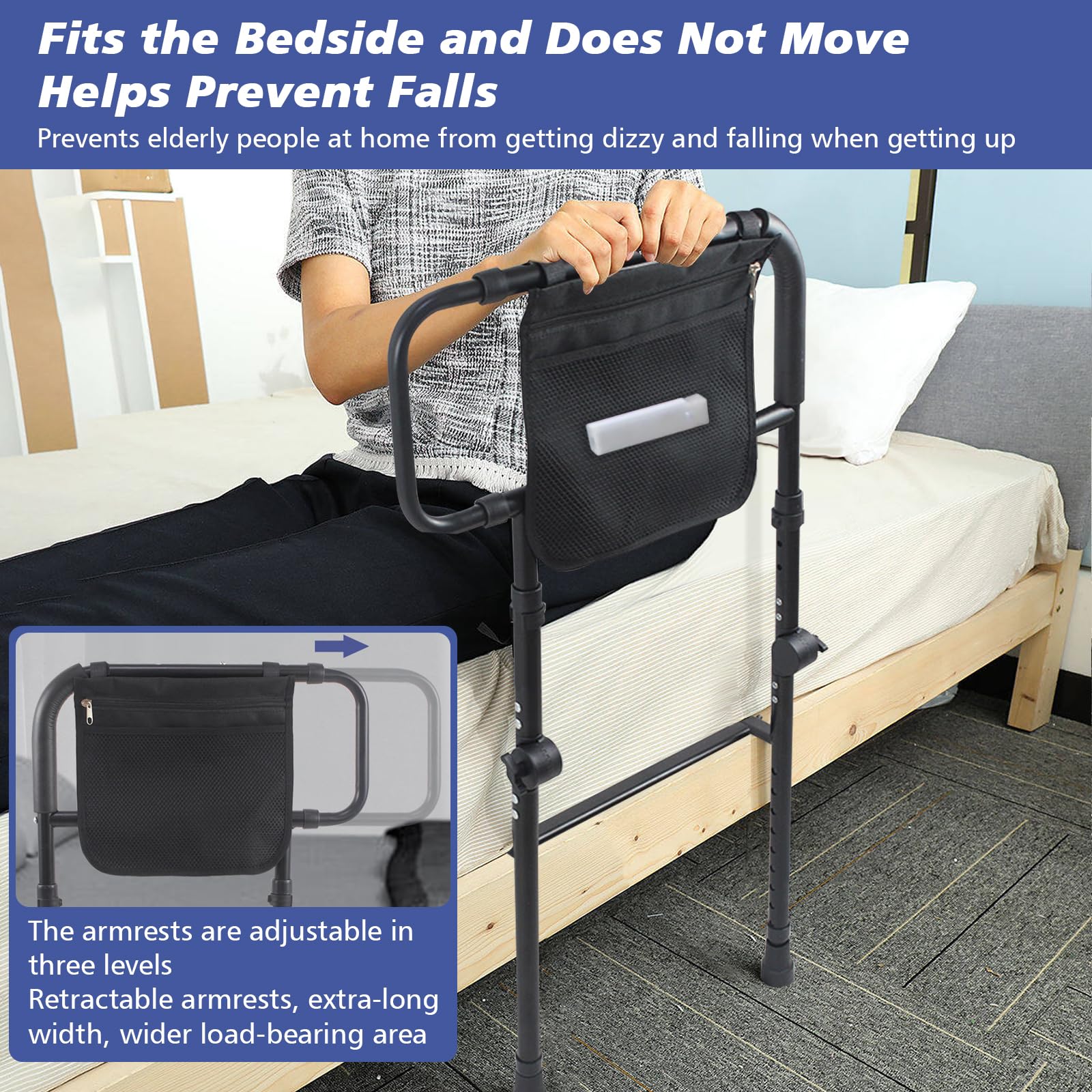 JAOGAUS Letto di supporto con gamba di prolunga, maniglia per letto in piedi, supporto per il letto, supporto per alzarsi, altezza regolabile in altezza, protezione laterale regolabile da 43 a 59 cm