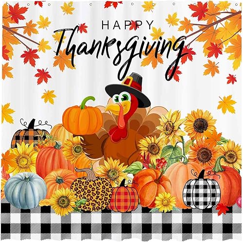 Funnytree Cortina de ducha de 72 x 72 pulgadas para el día de Acción de Gracias, pavo y granja, a cuadros, calabaza, otoño, cosecha, para decoración