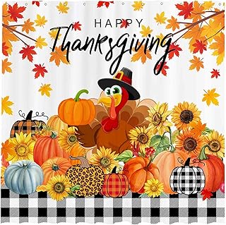 Funnytree 72"x72" Thanksgiving Day Turkey Farmhouse Buffalo Check Plaid Pumpkin Fall Autumn Harvest Shower Curtain for Bathroom Decor Machine Washable (Hooks Not Included)
