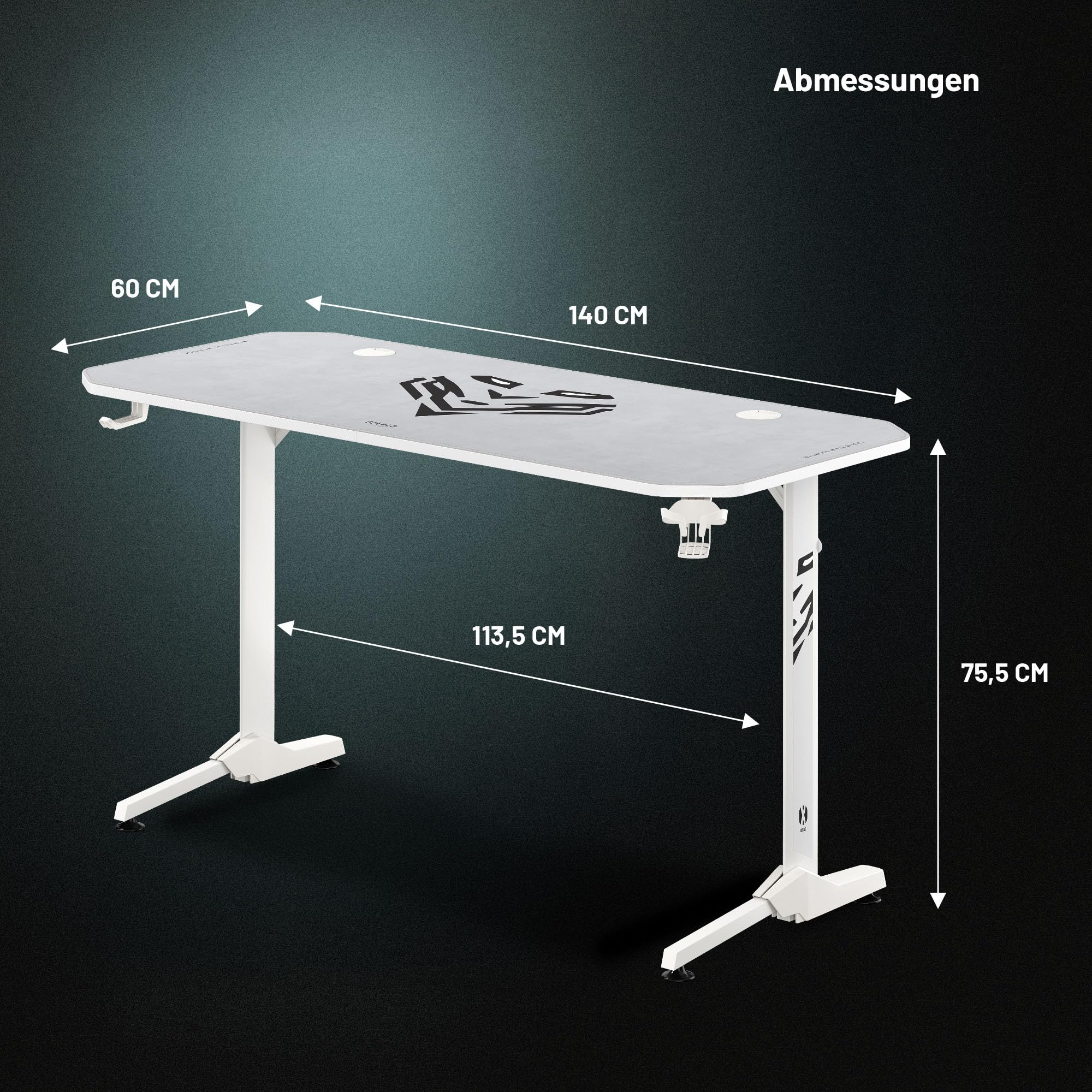Diablo Gaming Schreibtisch PC Tisch Computertisch Gaming Tisch 140x60x75 cm | Ergonomischer Gamer Tisch mit Kabelmanagement, Tischmatte, Headsethalter, Getränkehalter für Gaming Setup und Home Office