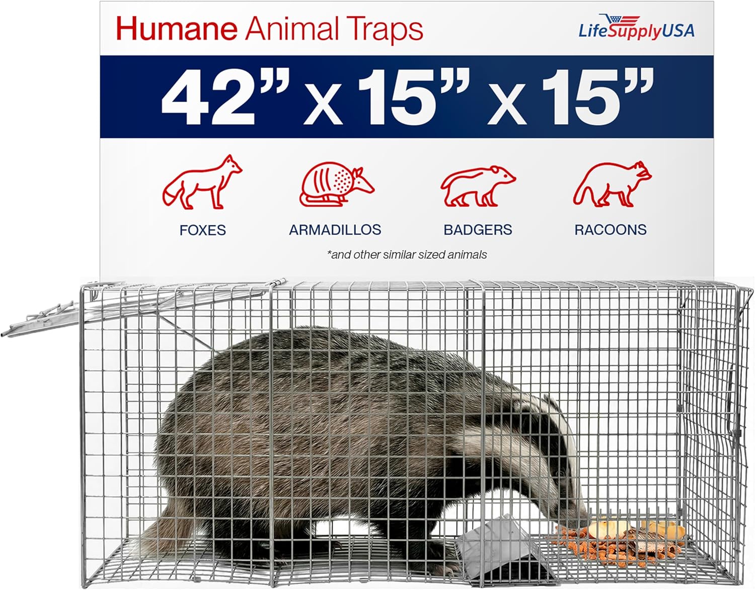 Heavy Duty Catch Release Large Live Humane Animal Cage Trap for Foxes Raccoons Badgers Coyotes and Other Similar Sized Animals 42x15x15