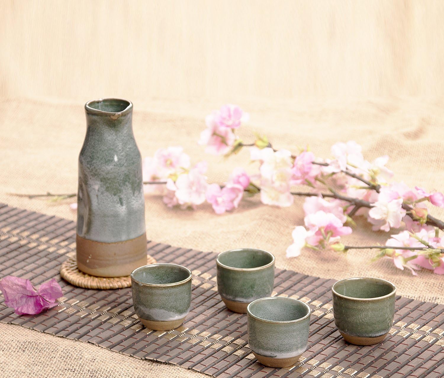Lotocool Japanese Sake Set with Four Cups Hand Painted Foggy Style Pottery Traditional Ceramic Crafts Wine Cup