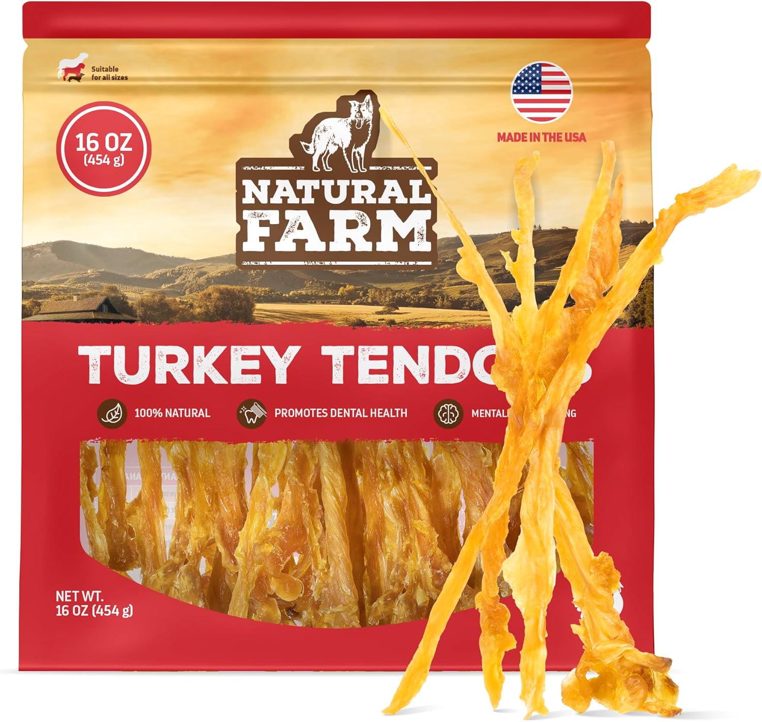 Natural Farm Turkey Tendons for Dogs (16oz Pack), Hypoallergenic Dog Treats, Rawhide Alternative, Grain-Free Natural Dog Chews for Small, Medium and Large Breeds.