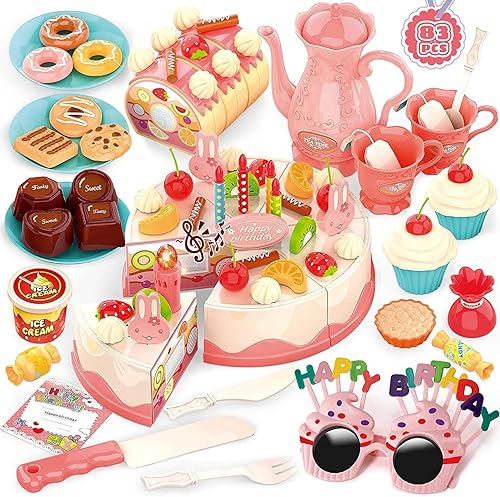 Juego de 83 piezas de comida para pastel de cumpleaños, juguete de comida, juguete de simulación, juego de tartas, postres, helados y donas,