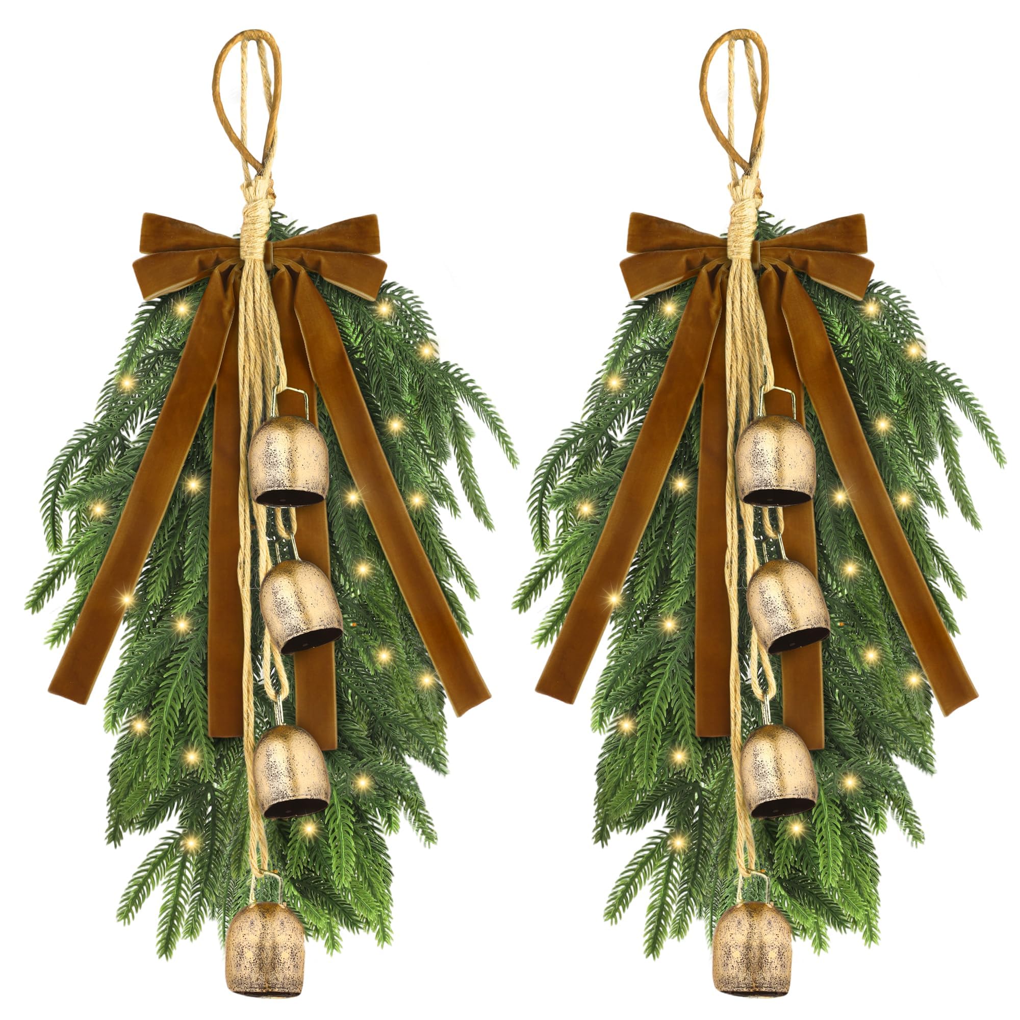 fovths 2 pieces 20" christmas teardrop swag for front door with brown bowknot and lights artificial norfork pine needles greenery swags wreaths for christmas indoor outdoor decorations