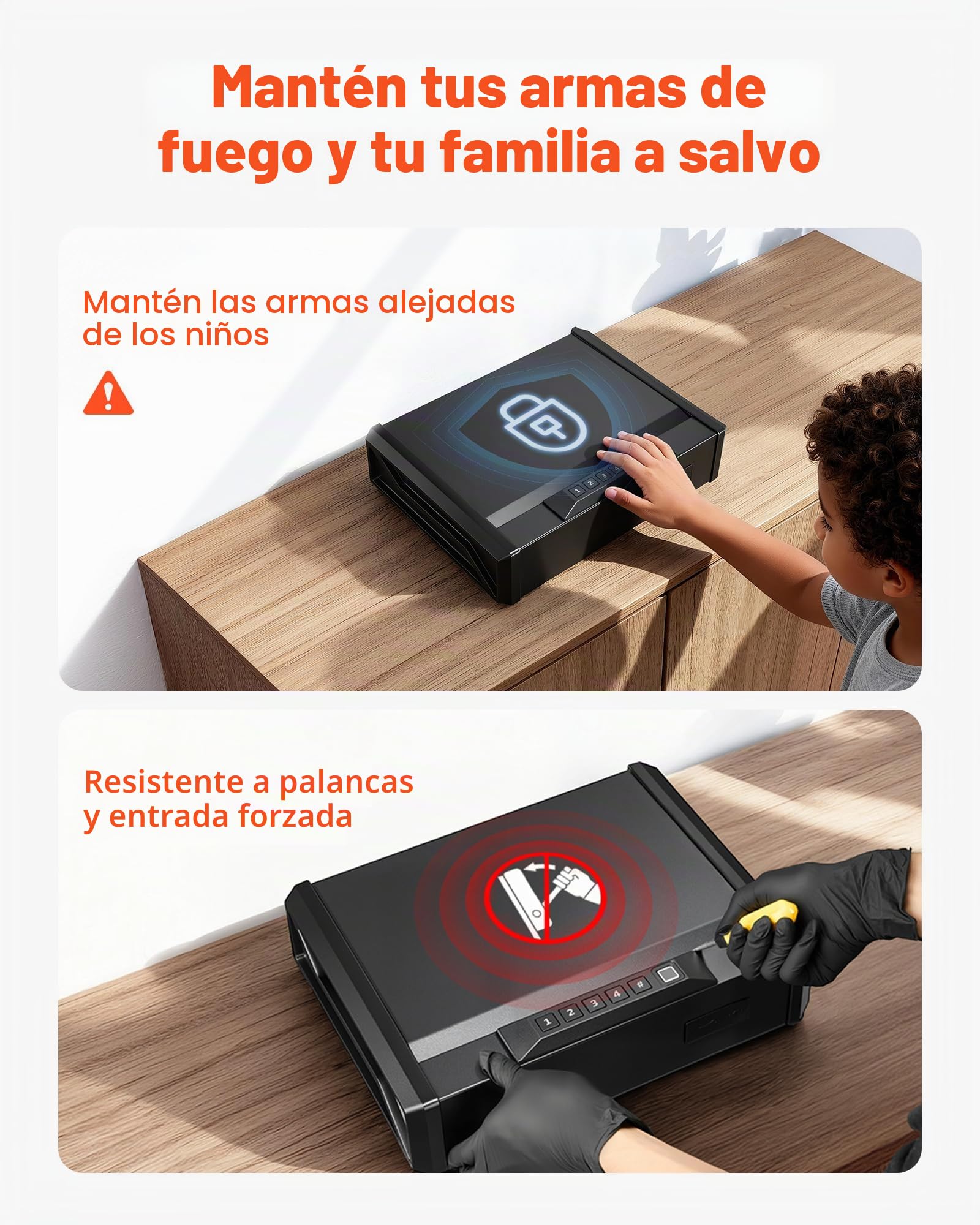 VEVOR Caja Fuerte para Pistolas de Acero, con 3 Formas de Acceso por Huella Dactilares, Contraseña y Llave, Caja Fuerte para Armas con Iluminación, Capacidad de 2 Pistolas y 2 Cargadores, Negro
