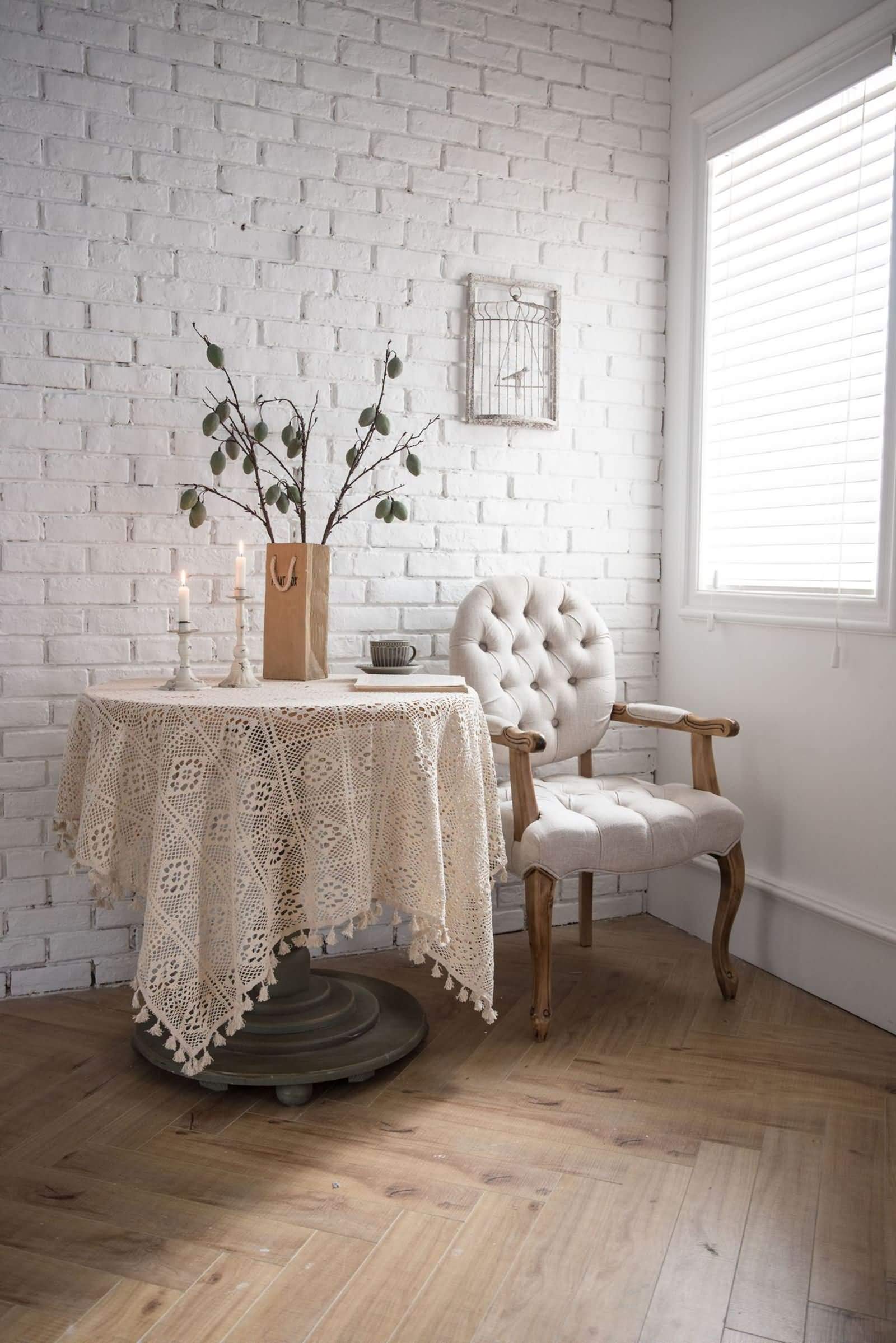 Nappe coton crochet beige 140x220cm rectangulaire à franges pour table de salon