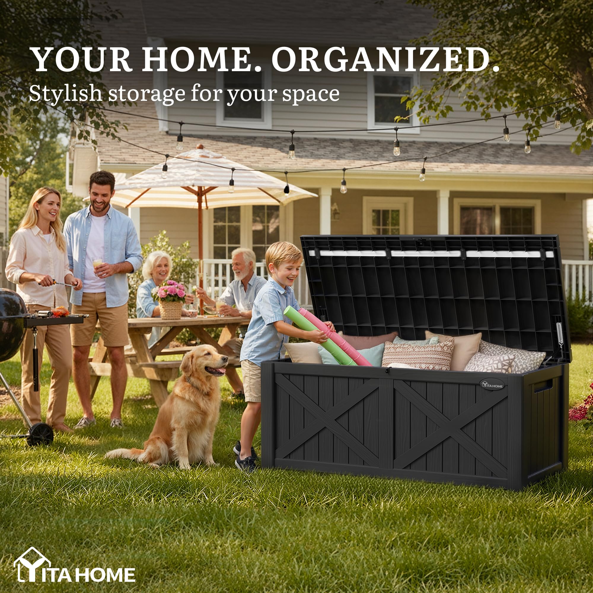 YITAHOME Grande boîte de Rangement d'extérieur de 450 L avec façade en Forme de X, boîte de Rangement en résine imperméable, Banc de Rangement pour Patio, Fournitures de Piscine, Outils de Jardin