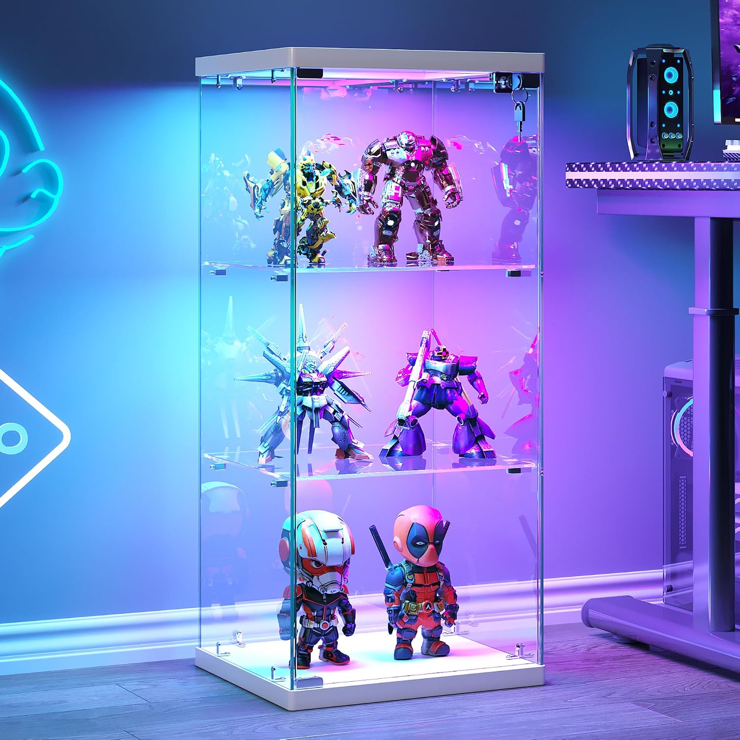 Dystler 3-Tier Glass Display Case, RGB LED Lights for Collectibles