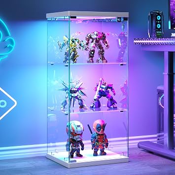 Dystler 3-Tier Glass Display Case, RGB LED Lights for Collectibles