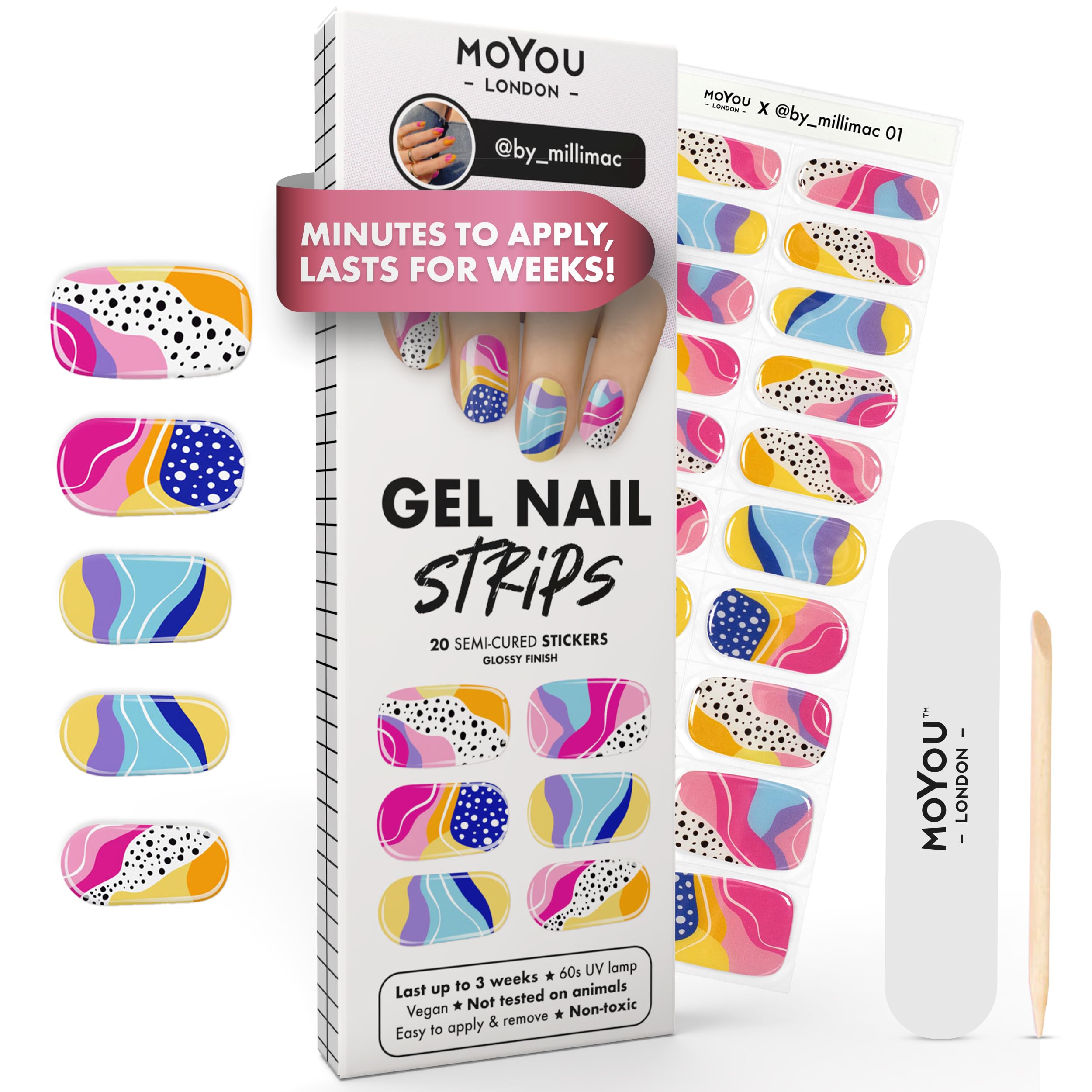 MOYOU LONDON Autocollants auto-adhésifs pour ongles en Gel Semi-durci, lampe UV/LED requise, 20 enveloppes de vernis à ongles en Gel, autocollants pour Nail Art - by_millimac 01