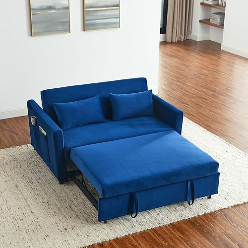 Sofá cama convertible 3 en 1, moderno sofá biplaza de terciopelo con bolsillos laterales de almacenamiento y almohadas, sofá biplaza pequeño para
