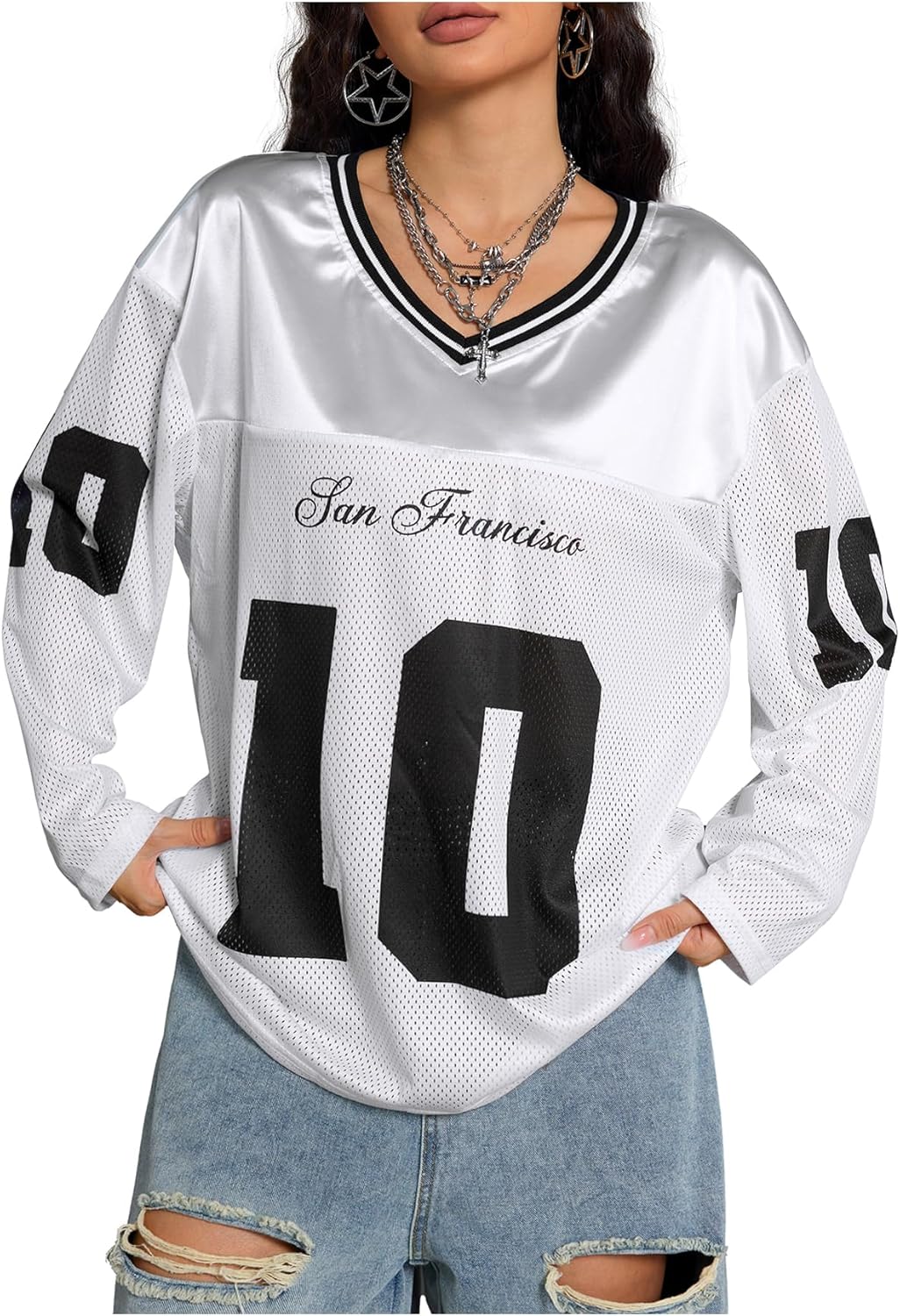 Women's Jersey Shirts Number Letter Graphic V Neck Long Sleeve Oversized Sports T Shirts Tops