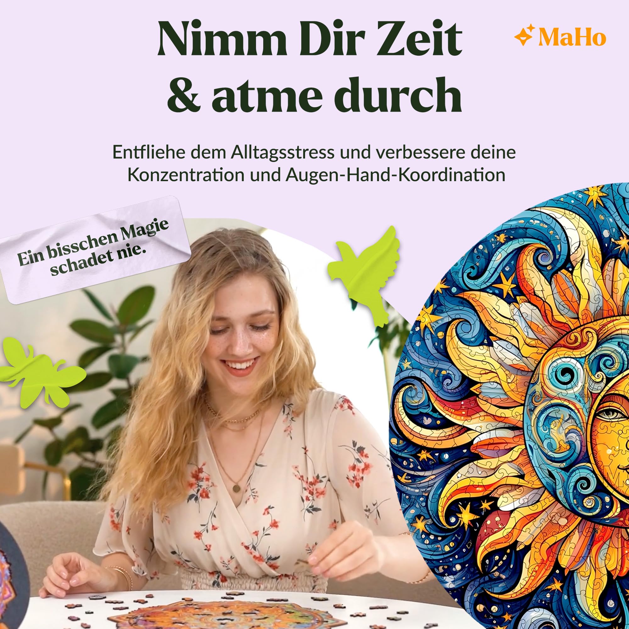 MagicHolz – Holzpuzzle Mandala Sonne und Mond – rundes Holz Puzzle Ø 47 cm – besondere Geschenkidee für Erwachsene – inkl.Premium Holzbox